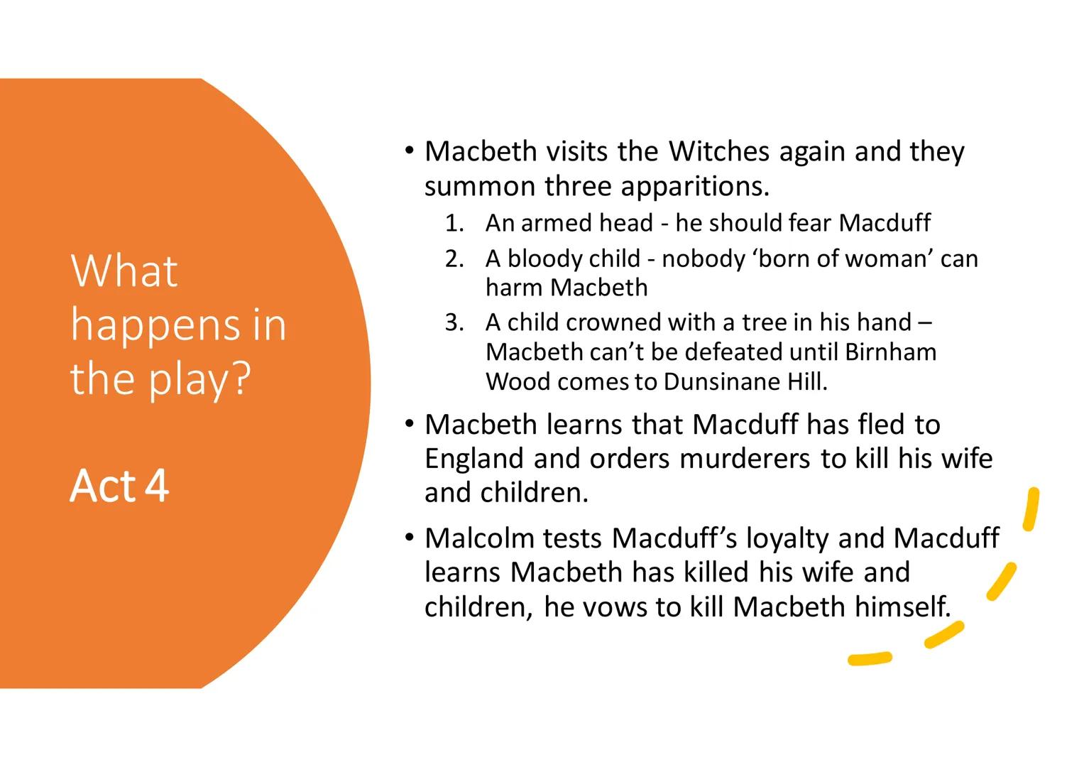 What
happens in
the play?
Act 1
Three Witches gather in thunder and lightening and
meet Macbeth and Banquo after battle.
The Witches predict