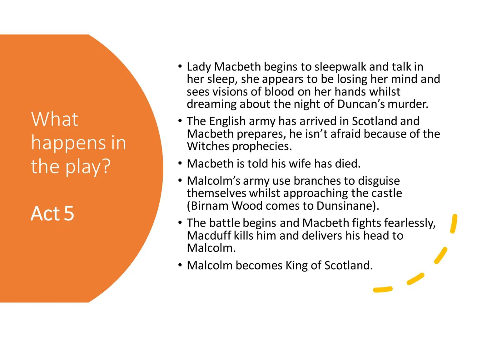 What
happens in
the play?
Act 1
Three Witches gather in thunder and lightening and
meet Macbeth and Banquo after battle.
The Witches predict