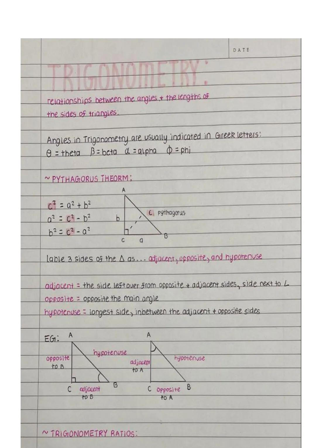 relationships between the angles & the lengths of
the sides of triangles.
Angles in Trigonometry are usually indicated
e = theta B = beta α