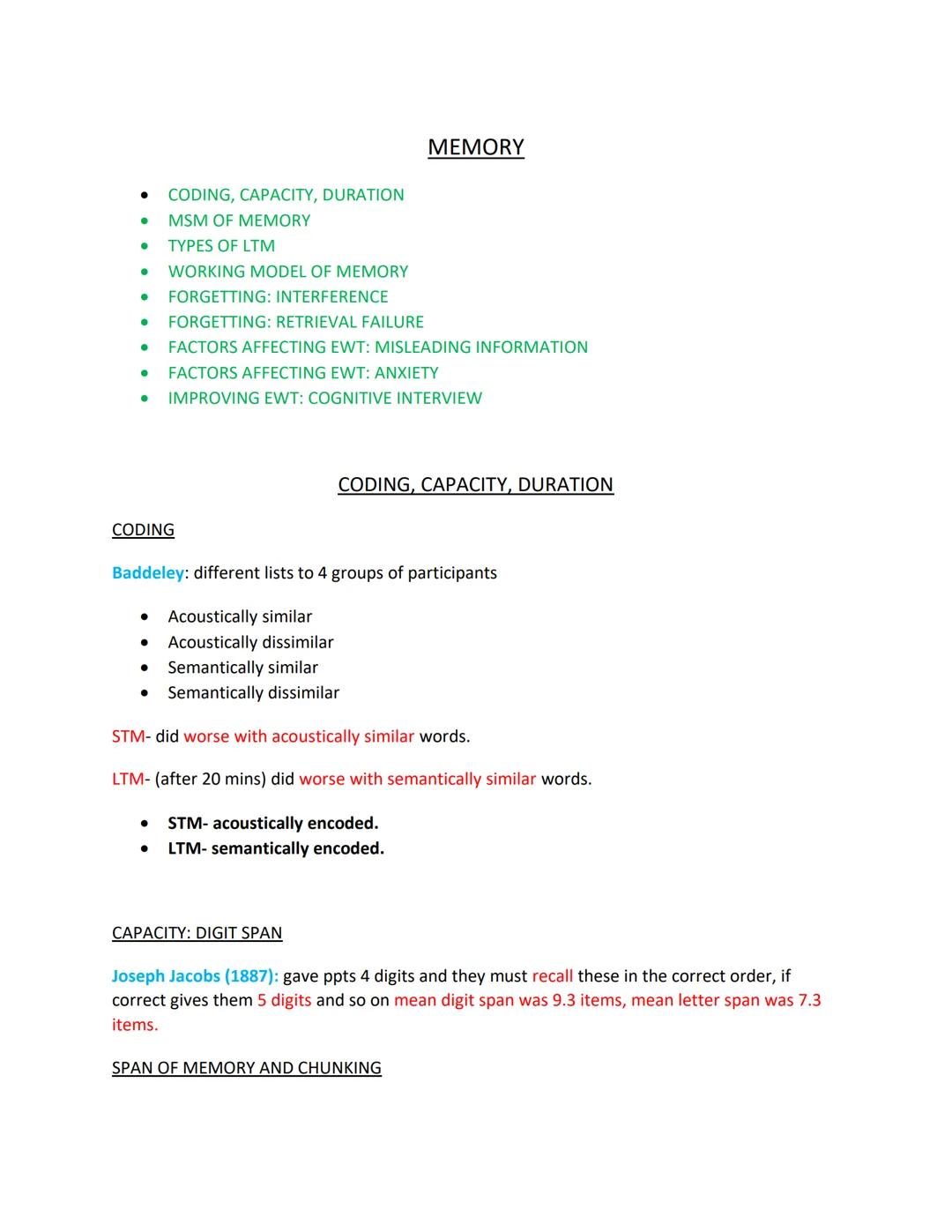 MEMORY - A level AQA revision notes