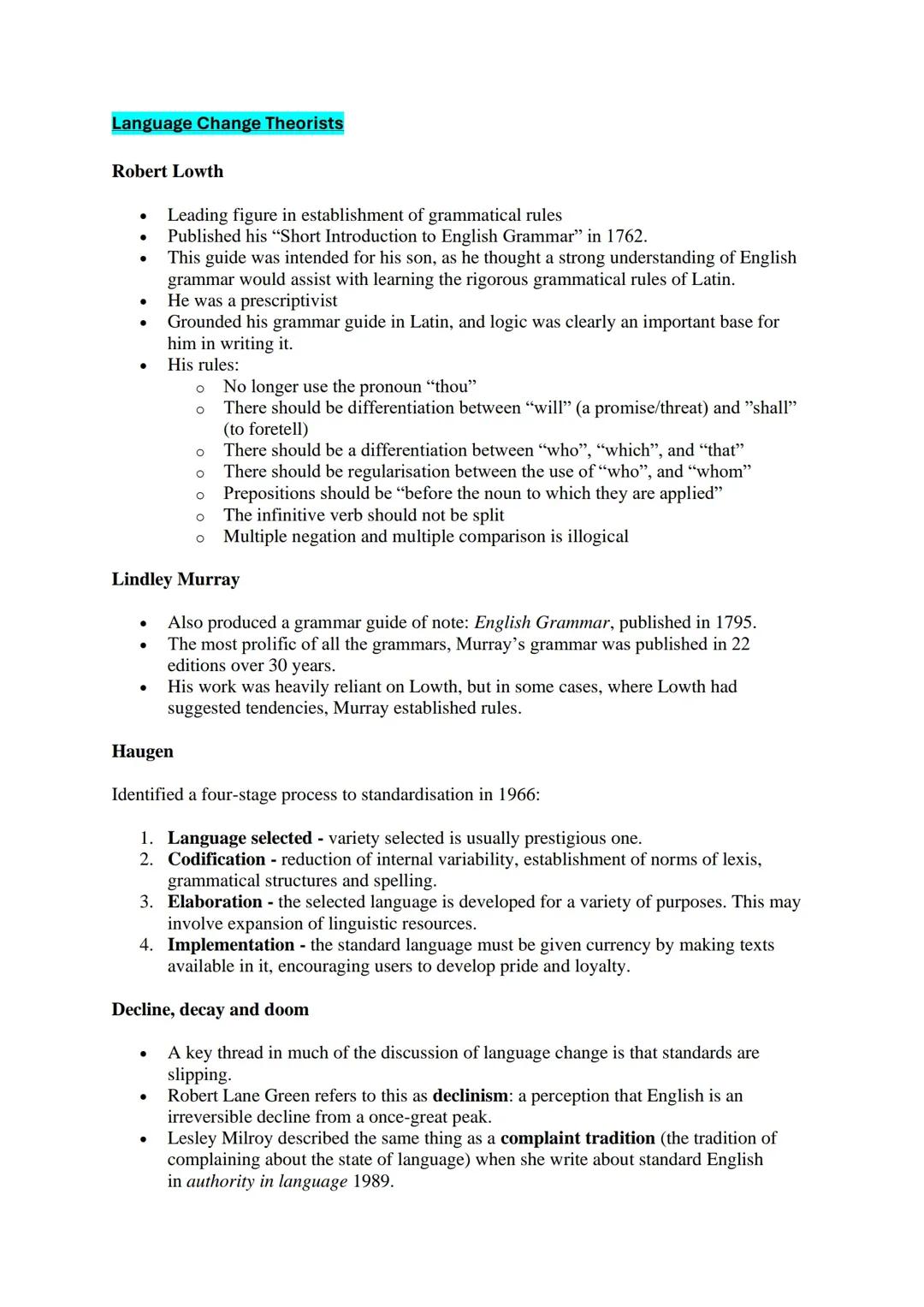 Language Change Theory and Notes