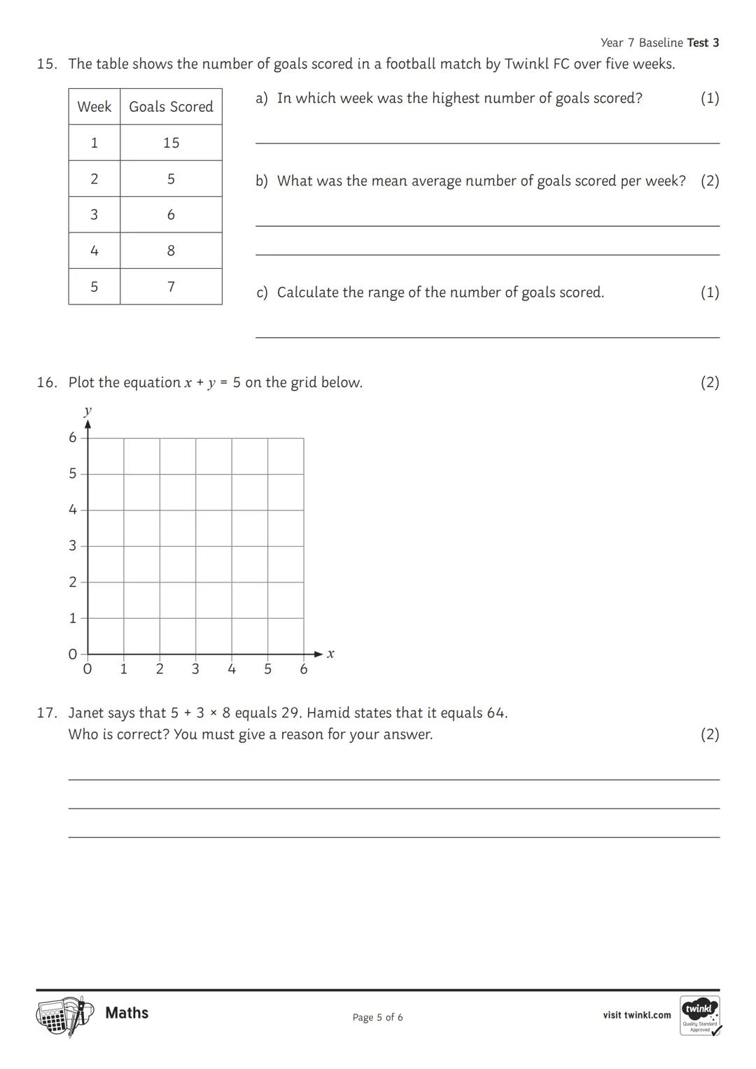 Year 7 Baseline
Test 3 Non-Calculator
1 hour (60 marks)
Name: _______________
Date: _______________
Maths
visit twinkl.com Year 7 Base
