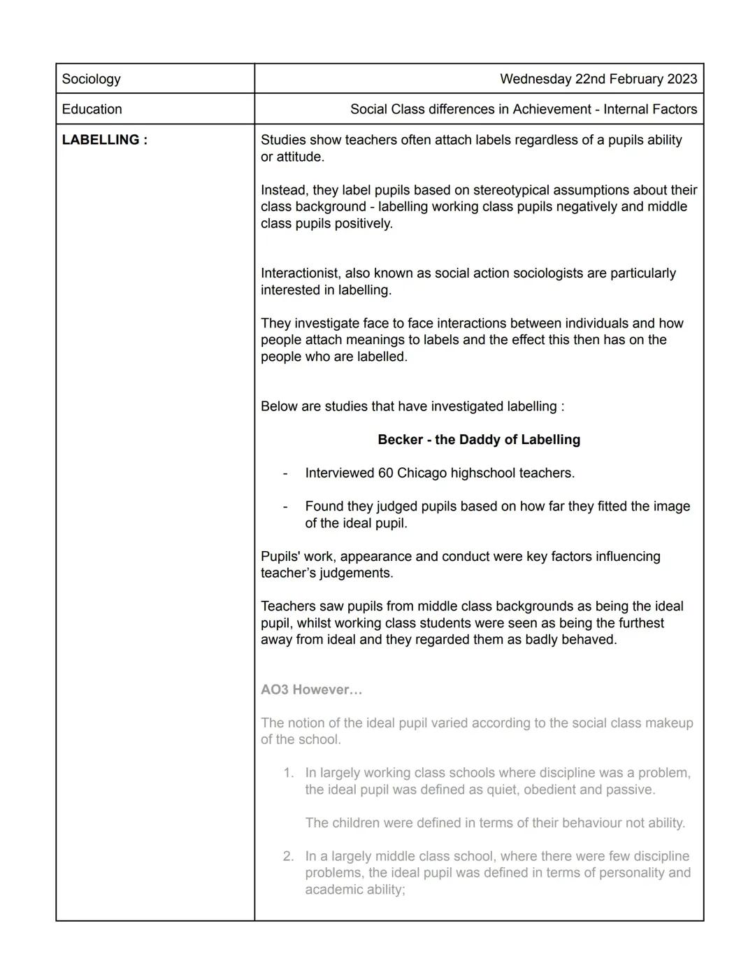 Social Class Differences in Education - Internal Factors