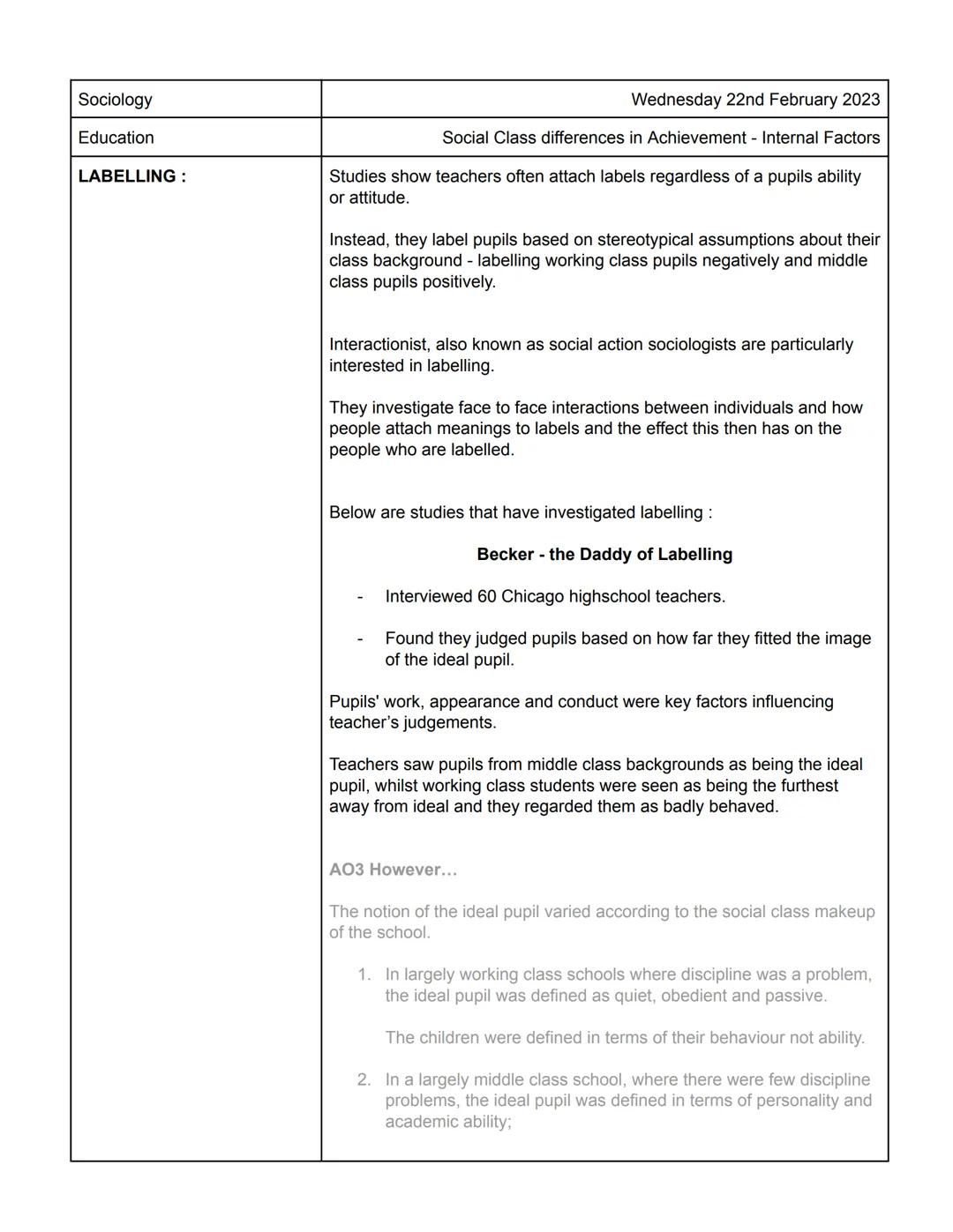 Sociology
Education
LABELLING:
Wednesday 22nd February 2023
Social Class differences in Achievement - Internal Factors
Studies show teachers