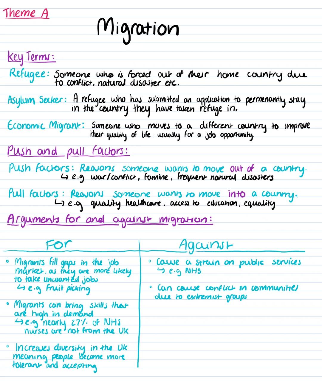 Theme A
Key Terms:
Refugee: Someone who is forced out of their home country due
to conflict, natural etc.
Asylum Seeker: A refugee who has s