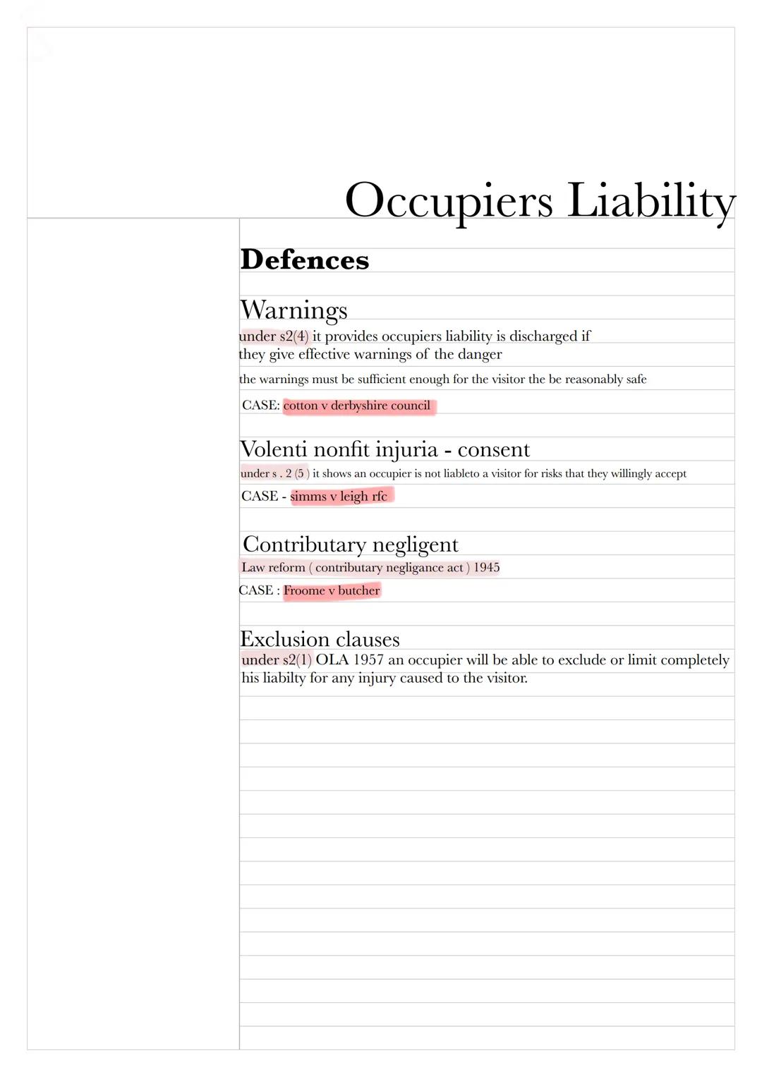 Occupiers Liability
Defendant occupiers can be held liabile for injury to visitors on their premises
both lawful and trespassers for failure