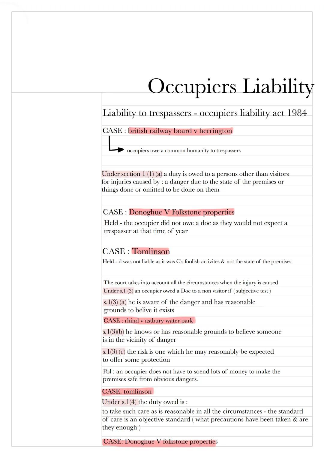 Occupiers Liability
Defendant occupiers can be held liabile for injury to visitors on their premises
both lawful and trespassers for failure