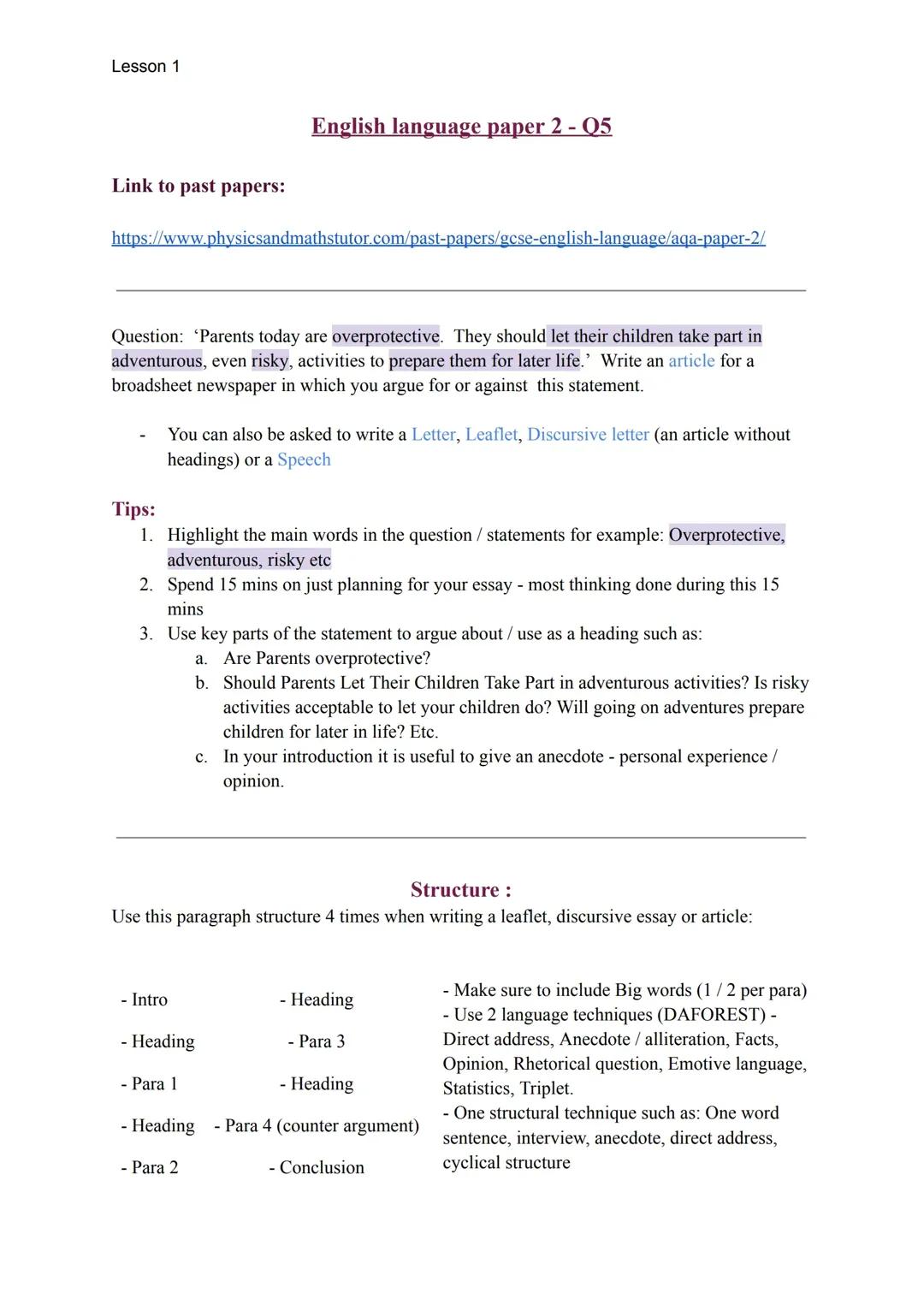 How to answer English language paper 2 Question 5 step by step ( with example ) For AQA