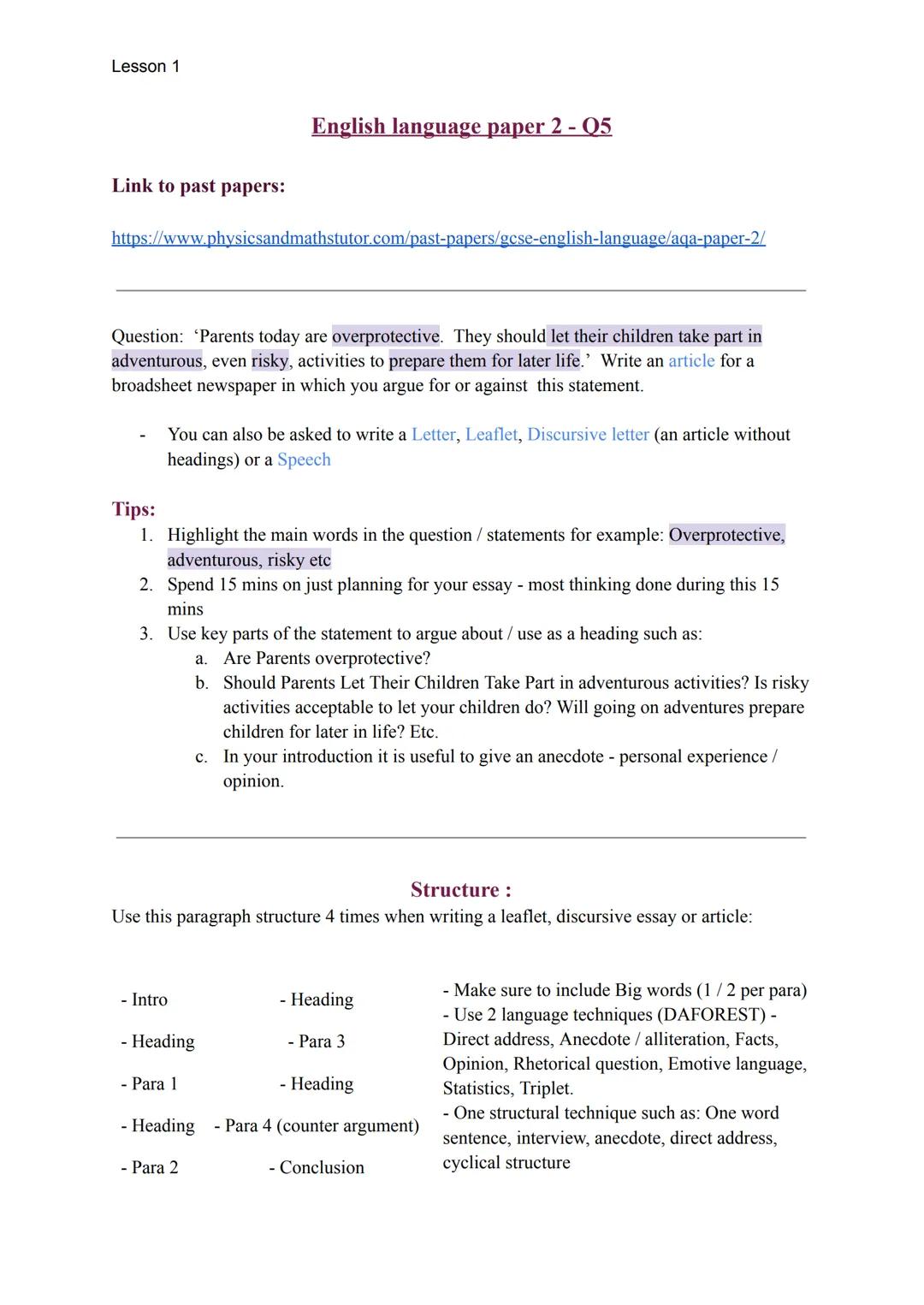 Lesson 1
Link to past papers:
English language paper 2 - Q5
https://www.physicsandmathstutor.com/past-papers/gcse-english-language/aqa-paper