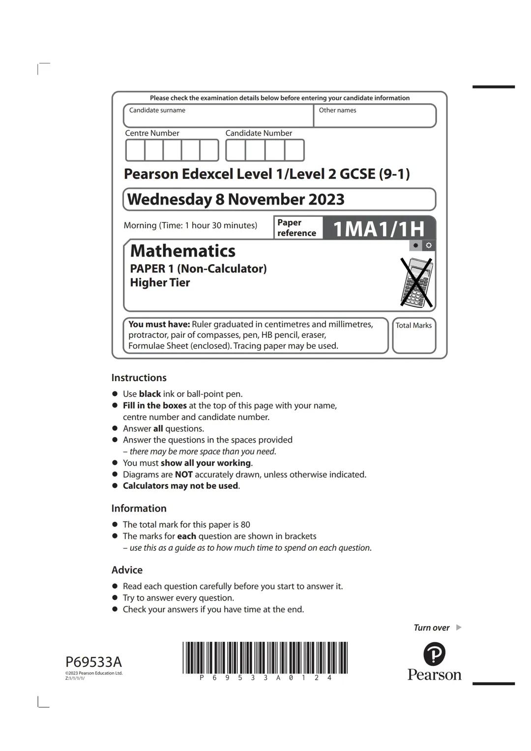 2023 edexcel maths gcse paper 1 non-cal