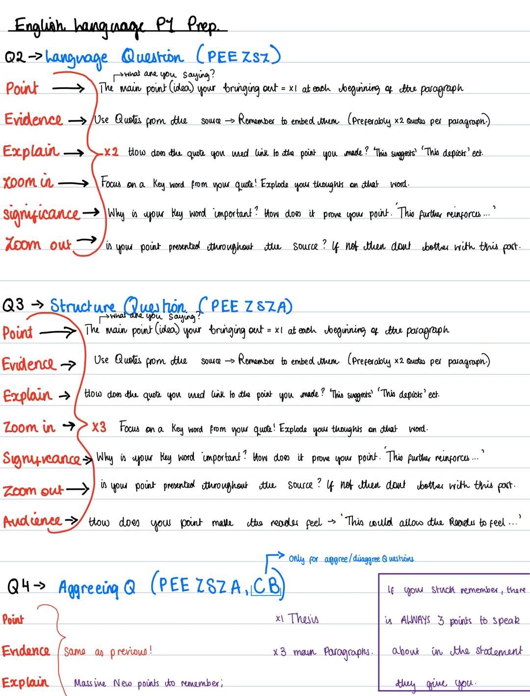 English Language PY Prep.
Q2-> Language Question (PEEZSZ)
What are you saying?
→The main point (idea) your bringing out = x1 at each beginni