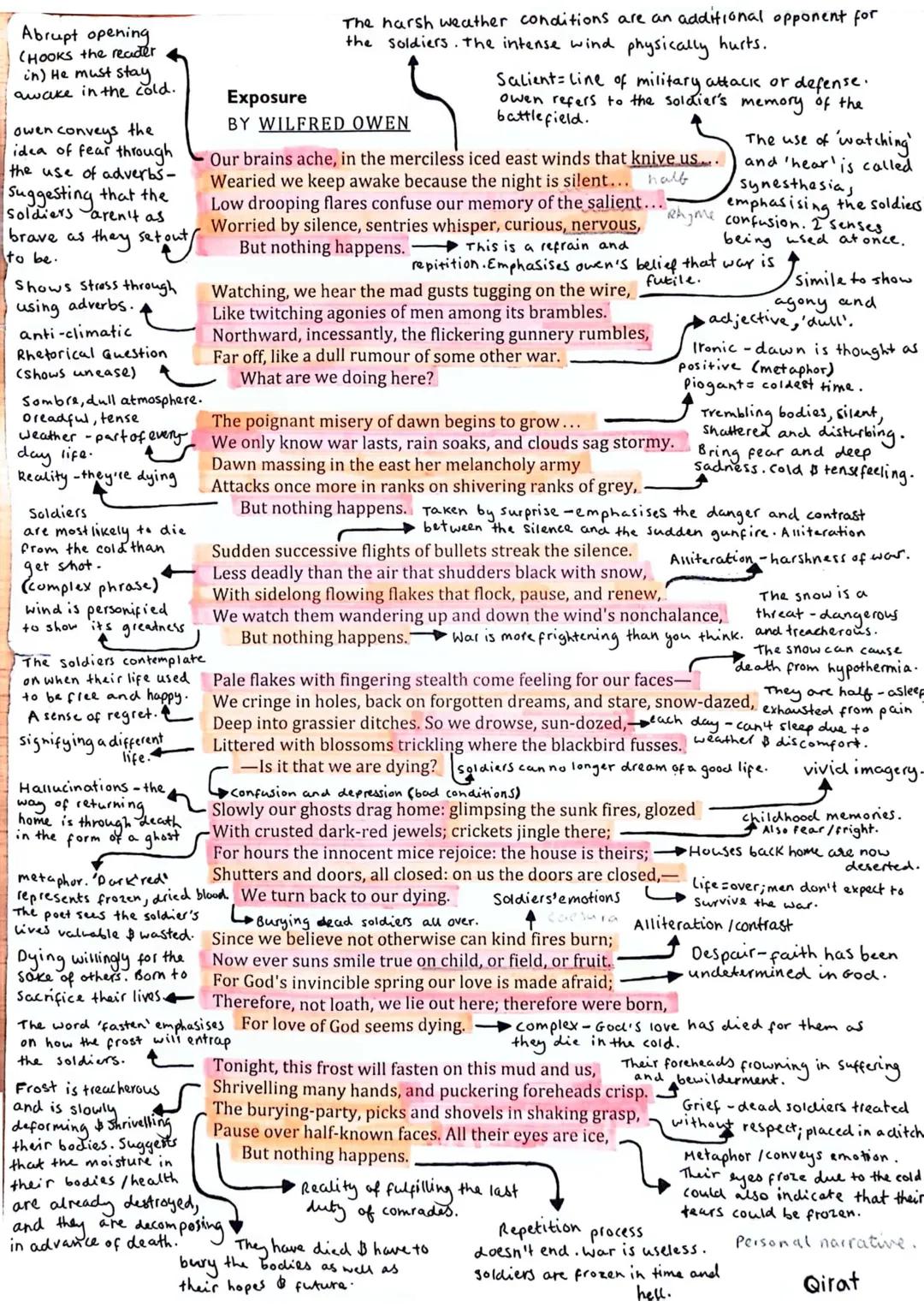 7
Abrupt opening
(Hooks the reader
in) He must stay
awake in the cold.
owen conveys the
idea of fear through
the use of adverbs-
Suggesting