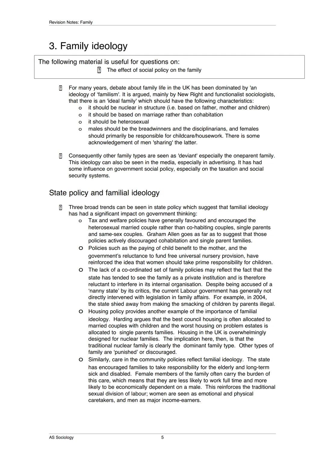 Revision Notes: Family
Unit 1: The family and recent social change
1. Concepts and Definitions
Household A household consists of a person