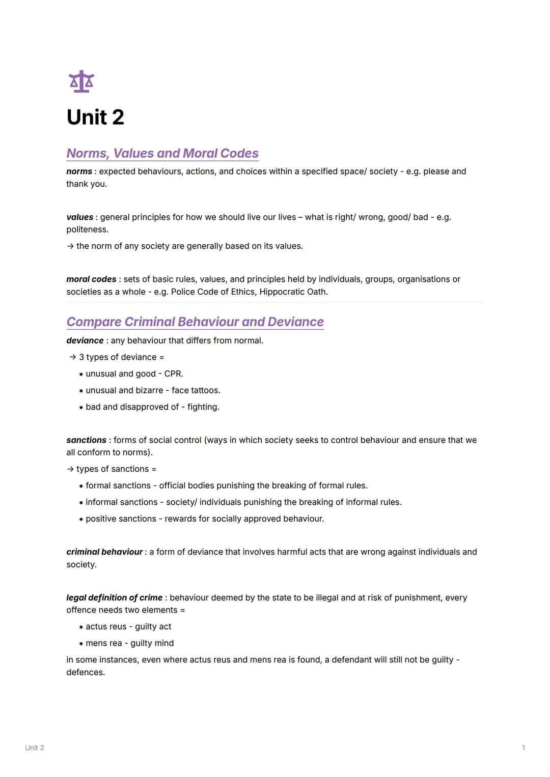 Unit 2
Unit 2
Norms, Values and Moral Codes
norms: expected behaviours, actions, and choices within a specified space/ society - e.g. please