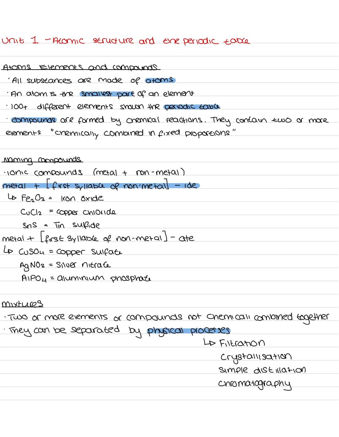 Unit 1 - Atomic structure and the periodic table
Atoms Elements and compounds
· All substances are made of atoms
· An atom is the smallest