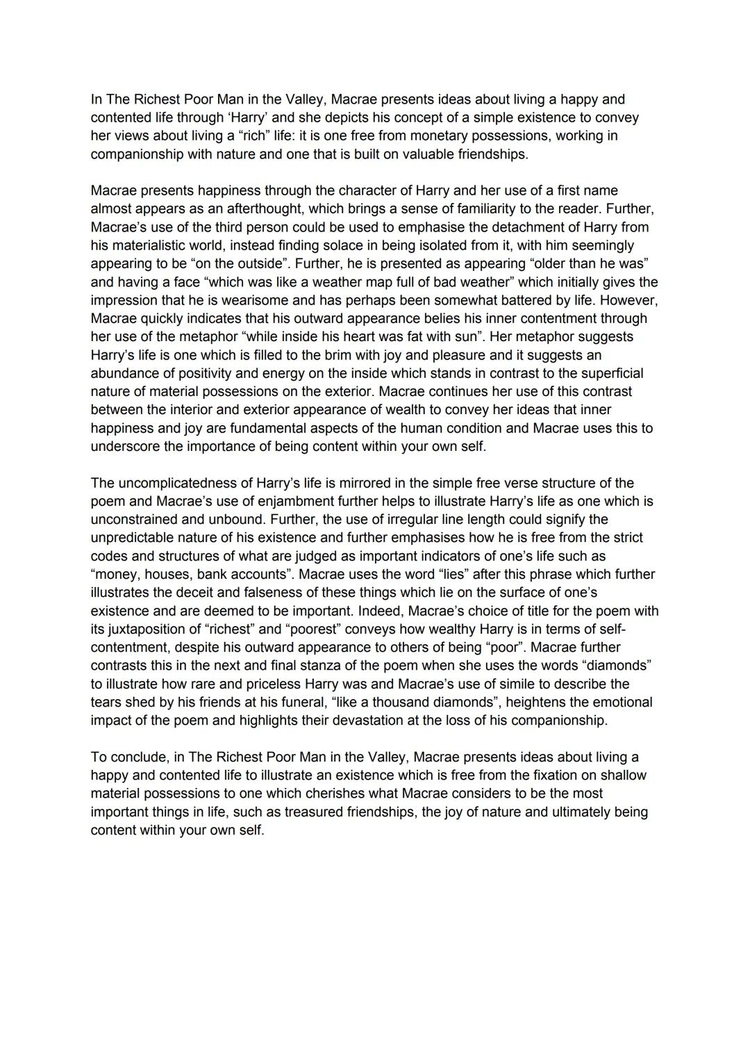 In The Richest Poor Man in the Valley, Macrae presents ideas about living a happy and
contented life through 'Harry' and she depicts his con