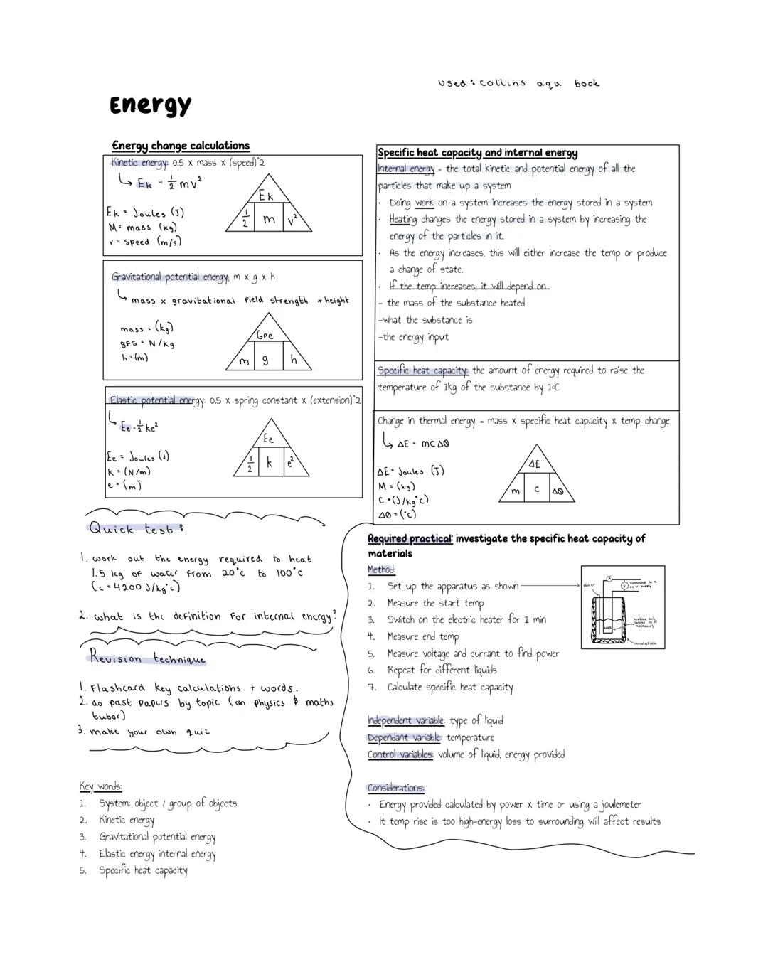 # Energy
Used collins aqu book
Energy change calculations
Kinetic energy: 0.5 x mass x (speed)^2
$
E_k = \frac{1}{2} mv^2
$
$E_k$ Joules