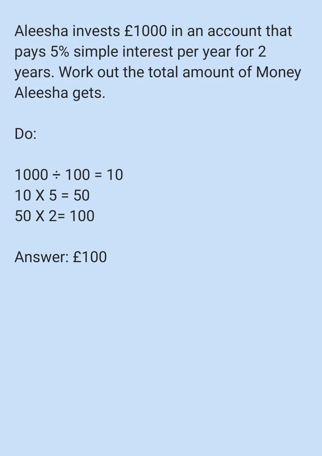 Compound interest
โข Compound interest focuses on the
interest in the money saved and how
much interest you make.
Equation: amount = amount X