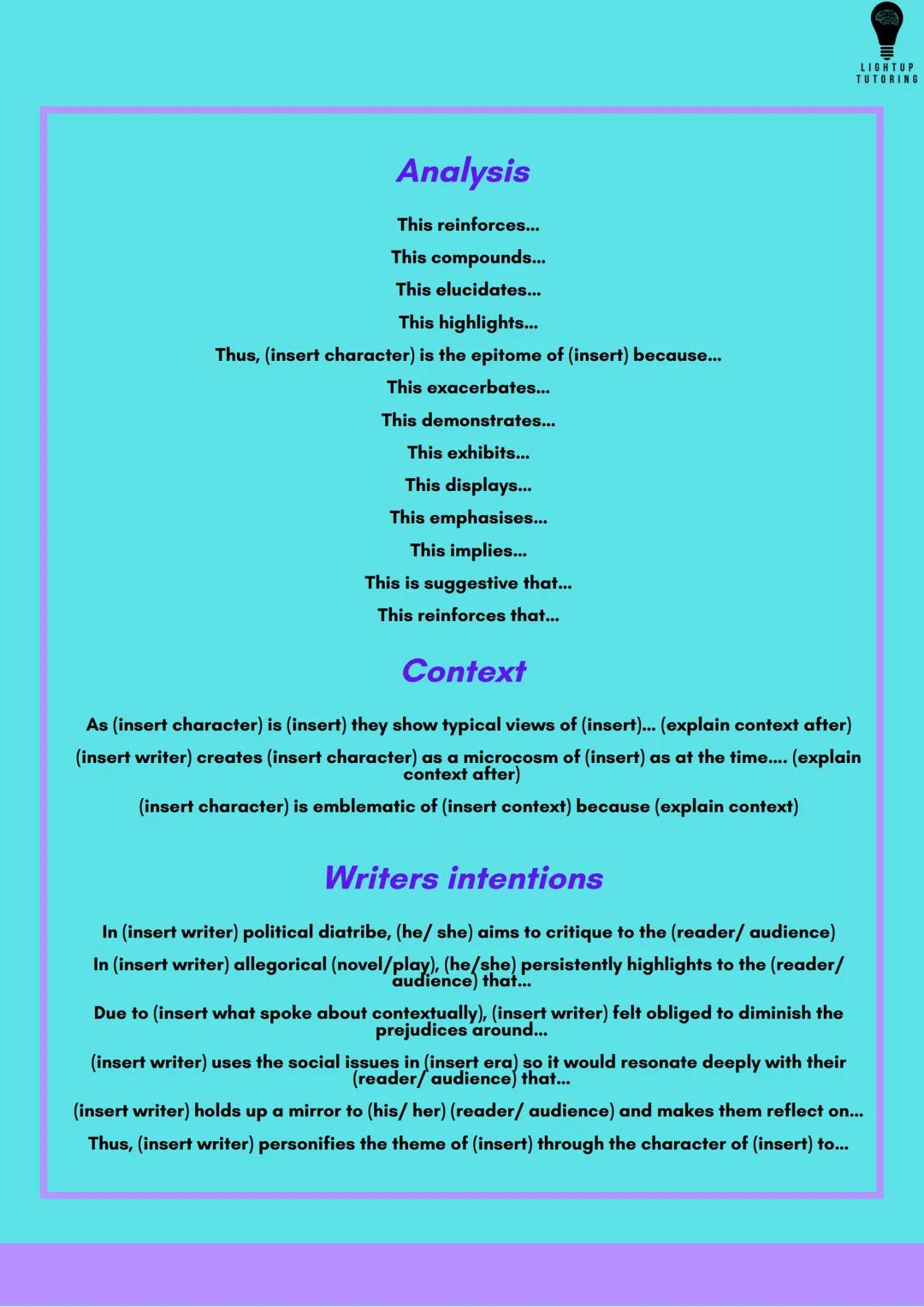 # The Analytual Structure
LIGHTUP
TUTORING
Point
Evidence
Technique
Analysis
Technique
Analysis
Context
Writers Intentions
Link #