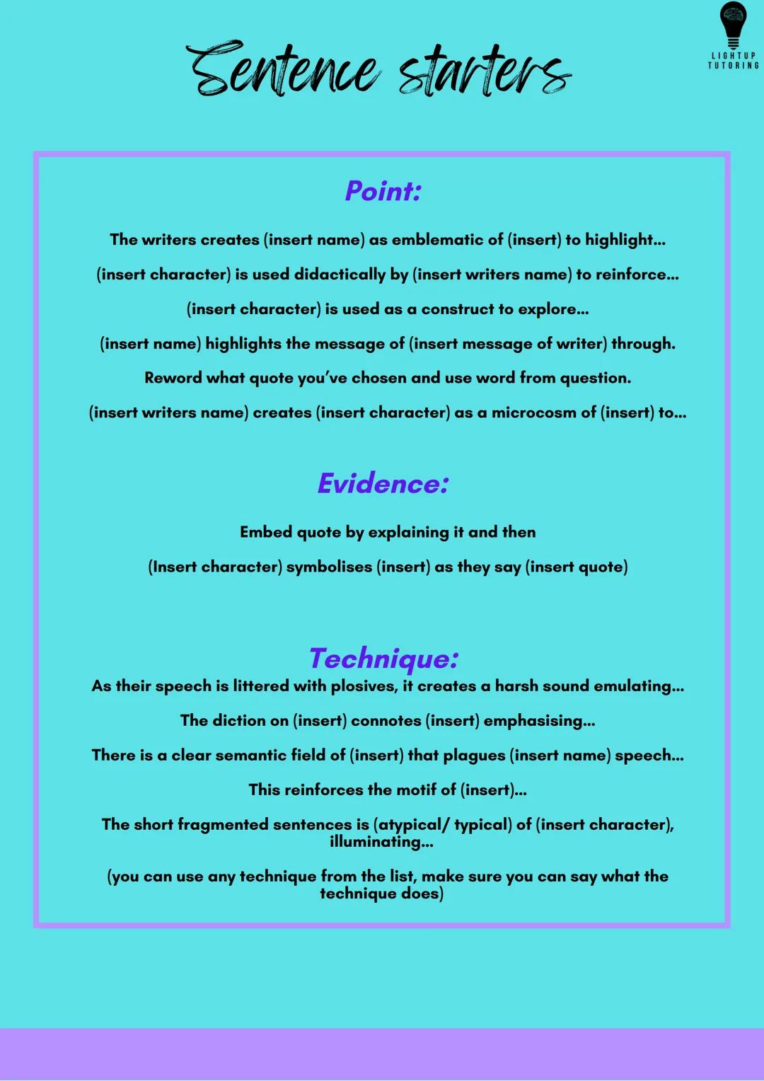 # The Analytual Structure
LIGHTUP
TUTORING
Point
Evidence
Technique
Analysis
Technique
Analysis
Context
Writers Intentions
Link #