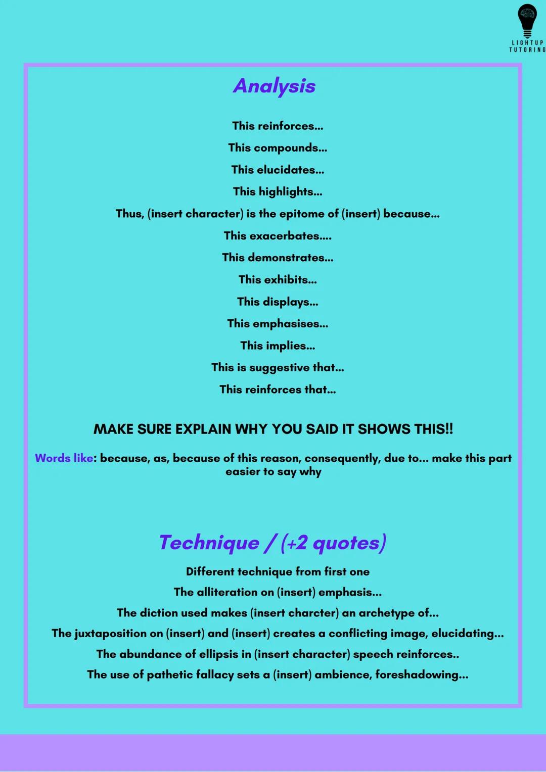 # The Analytual Structure
LIGHTUP
TUTORING
Point
Evidence
Technique
Analysis
Technique
Analysis
Context
Writers Intentions
Link #
