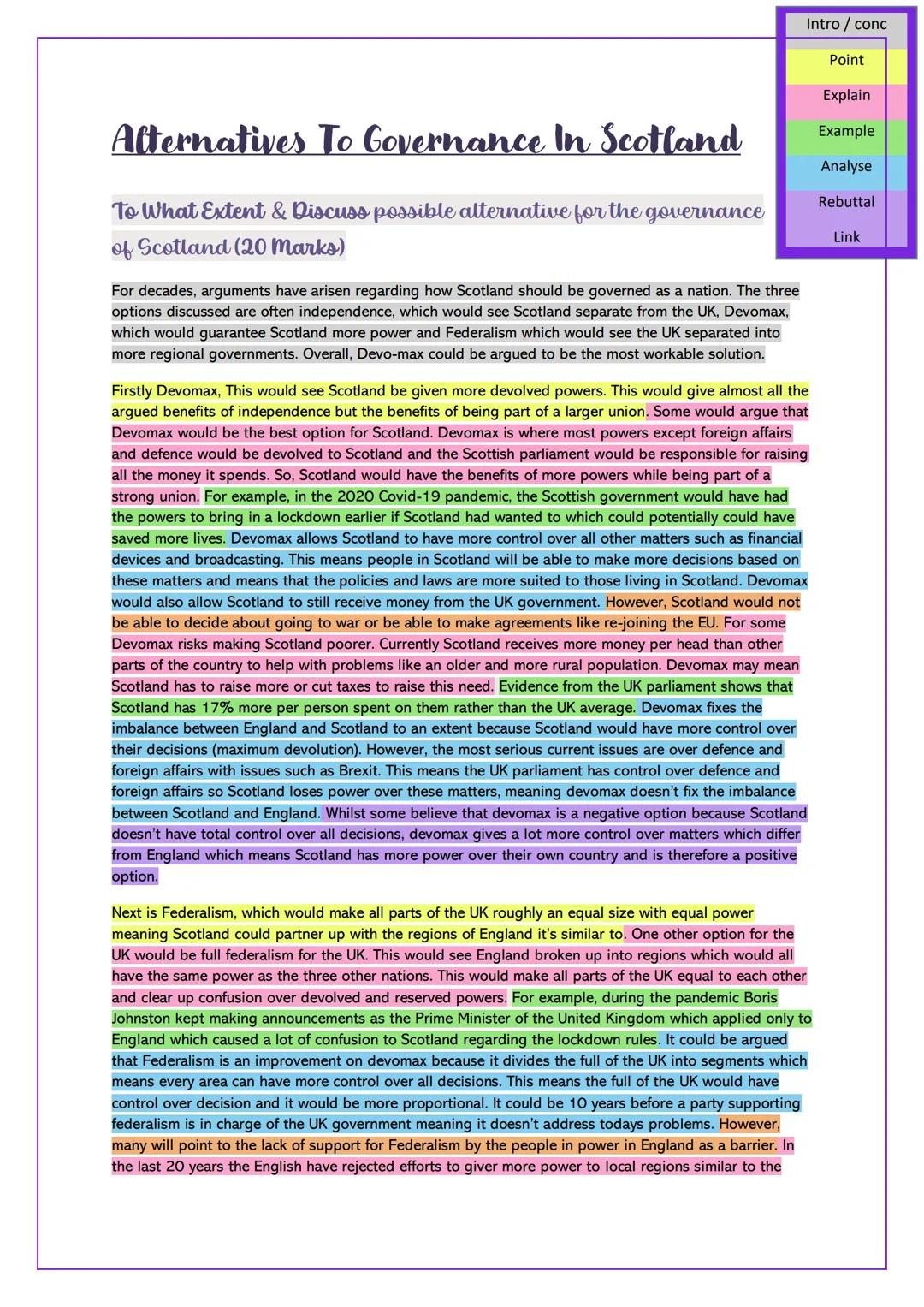 Intro/conc
Point
Explain
Alternatives To Governance In Scotland
To What Extent & Discuss possible alternative for the governance
of Scotland