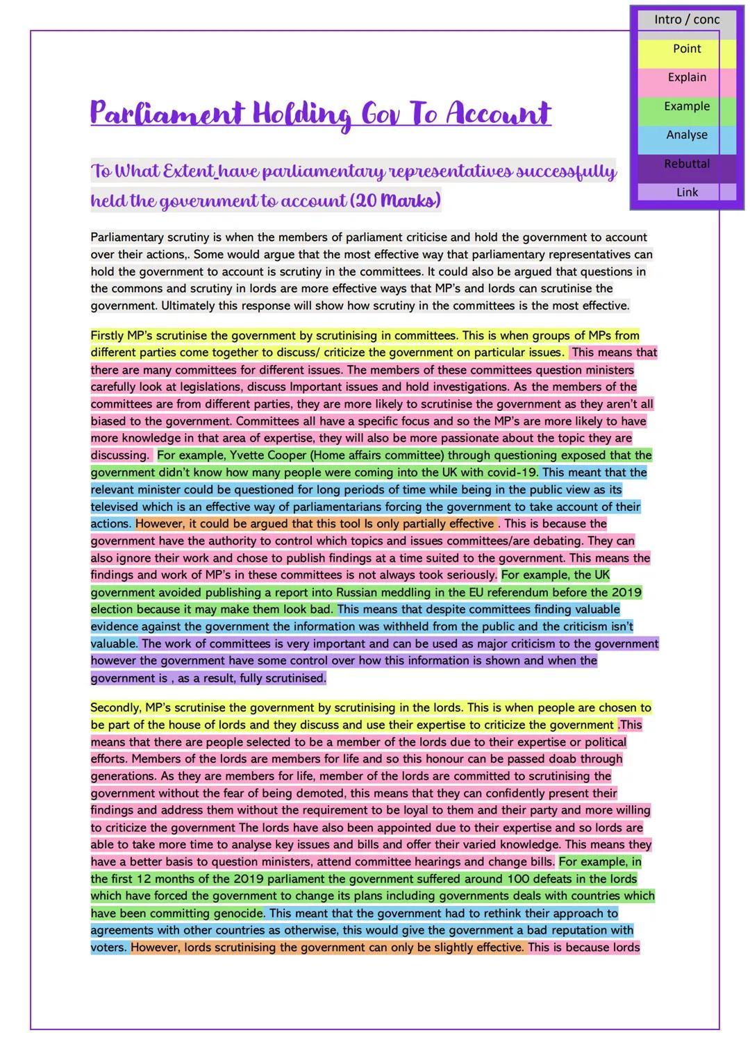 Intro / conc
Point
Parliament Holding Gov To Account
To What Extent have parliamentary representatives successfully
held the government to a