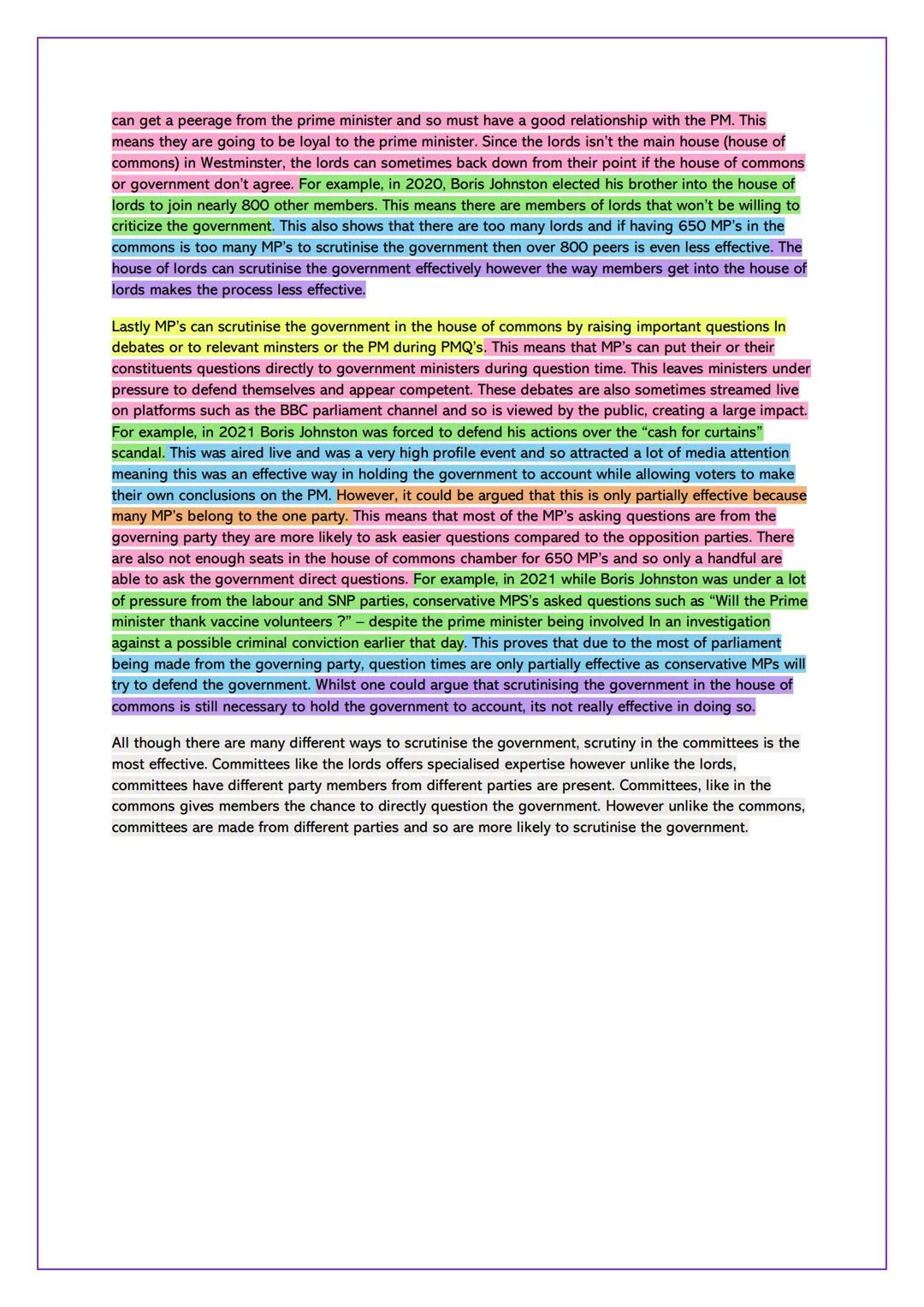 Intro / conc
Point
Parliament Holding Gov To Account
To What Extent have parliamentary representatives successfully
held the government to a