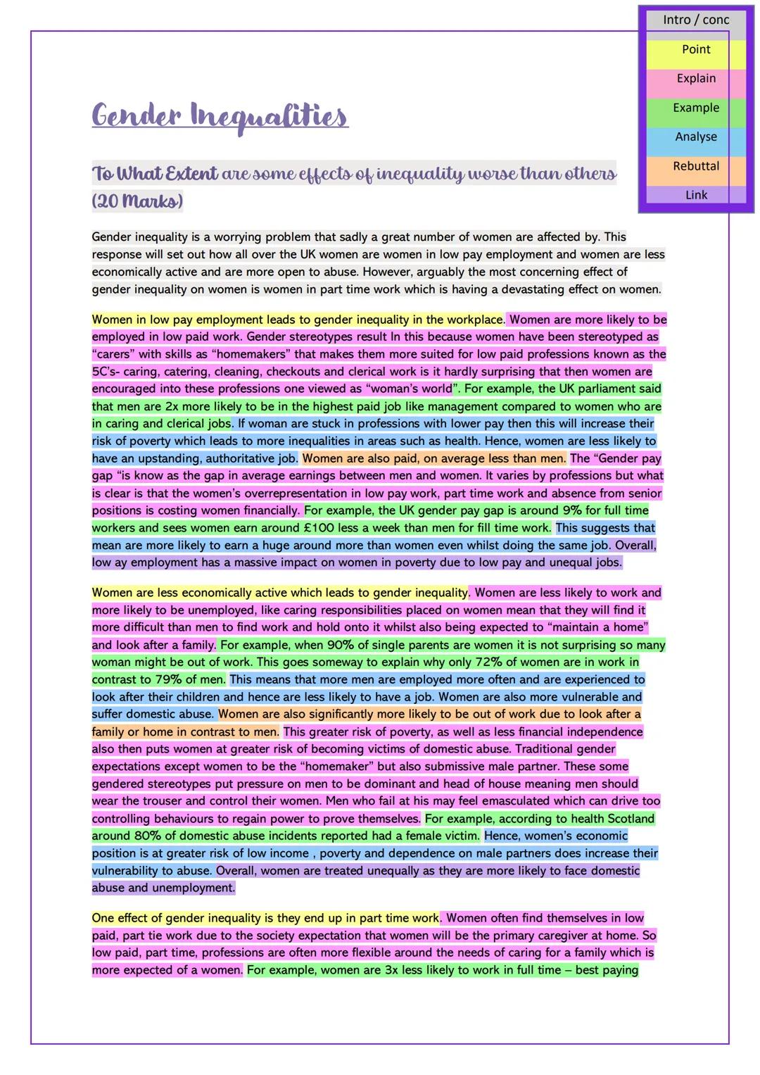 Intro / conc
Point
Explain
Gender Inequalities
To What Extent are some effects of inequality worse than others
(20 Marks)
Gender inequality