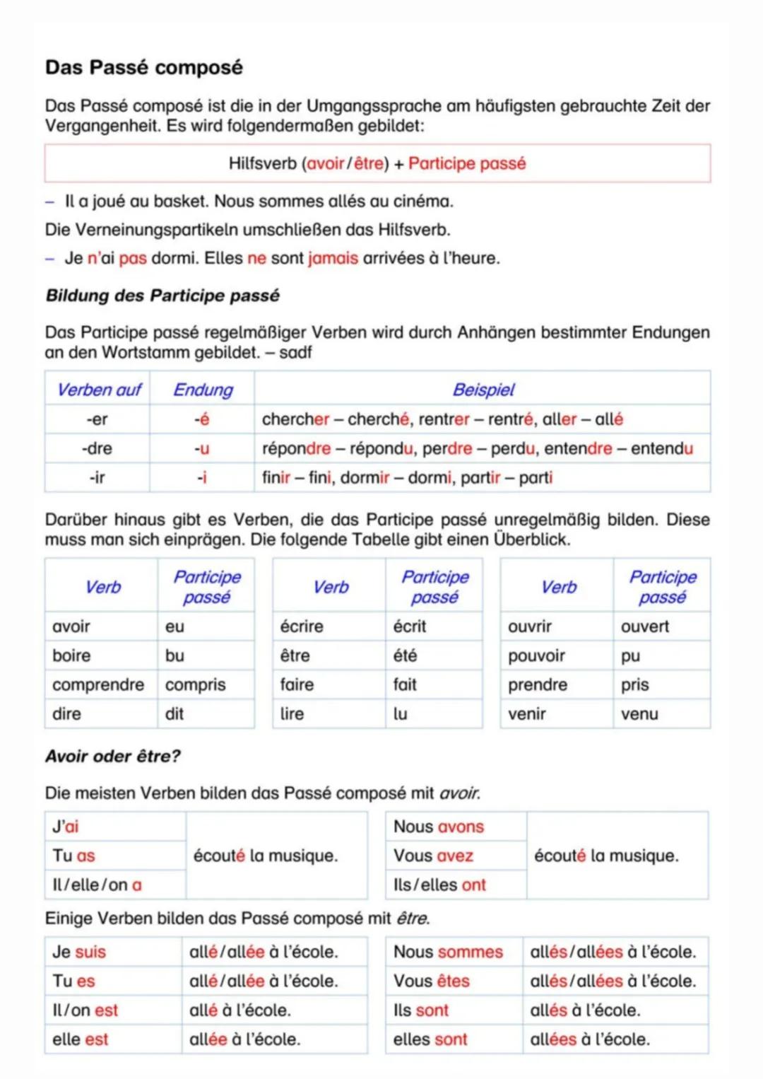 # Das Passé composé
Das Passé composé ist die in der Umgangssprache am häufigsten gebrauchte Zeit der
Vergangenheit. Es wird folgendermaßen