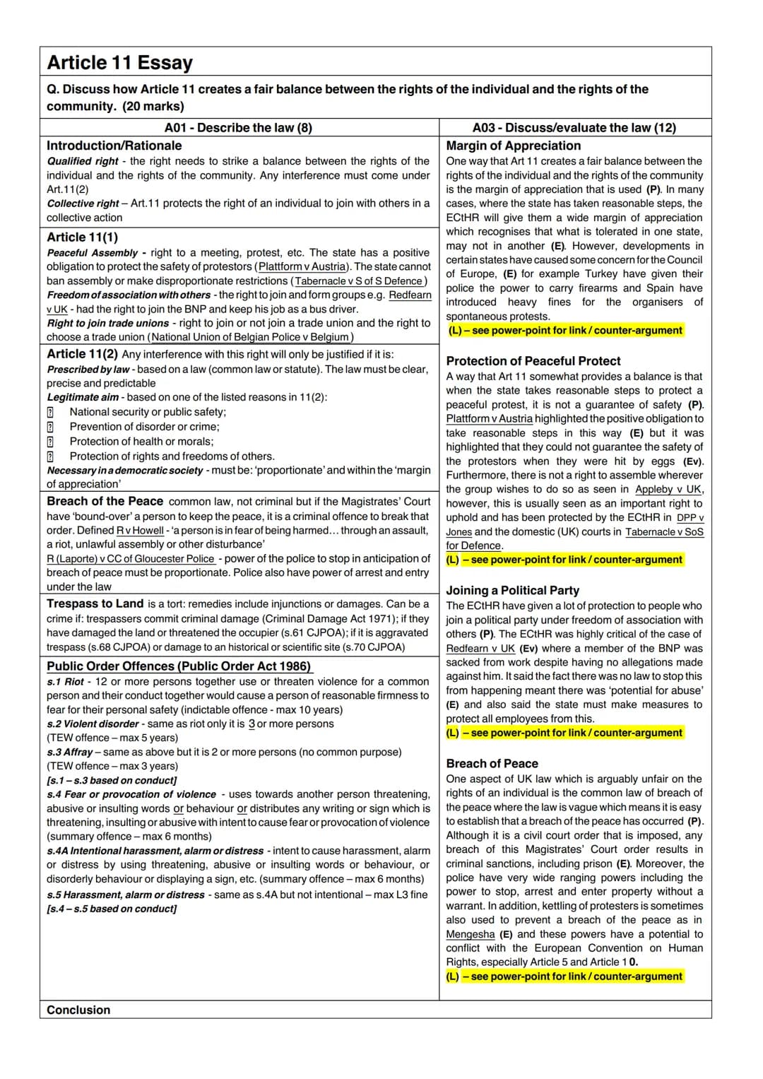 OCR Human Rights - Article 11 Evaluation Essay Template – page 1