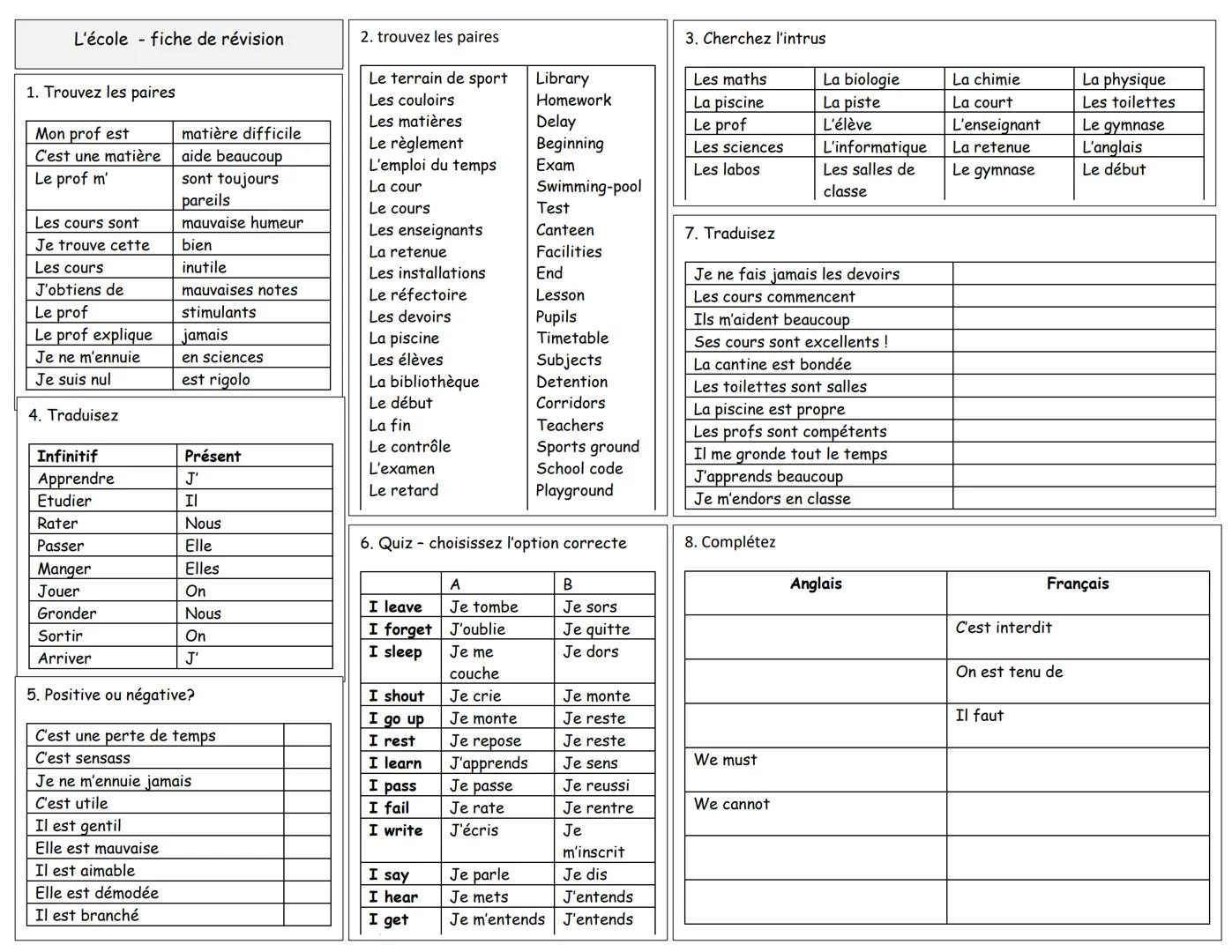 La piscine
en sciences
Les élèves
est rigolo
La bibliothèque
L'école fiche de révision.
1. Trouvez les paires
Mon prof est
C'est une matière