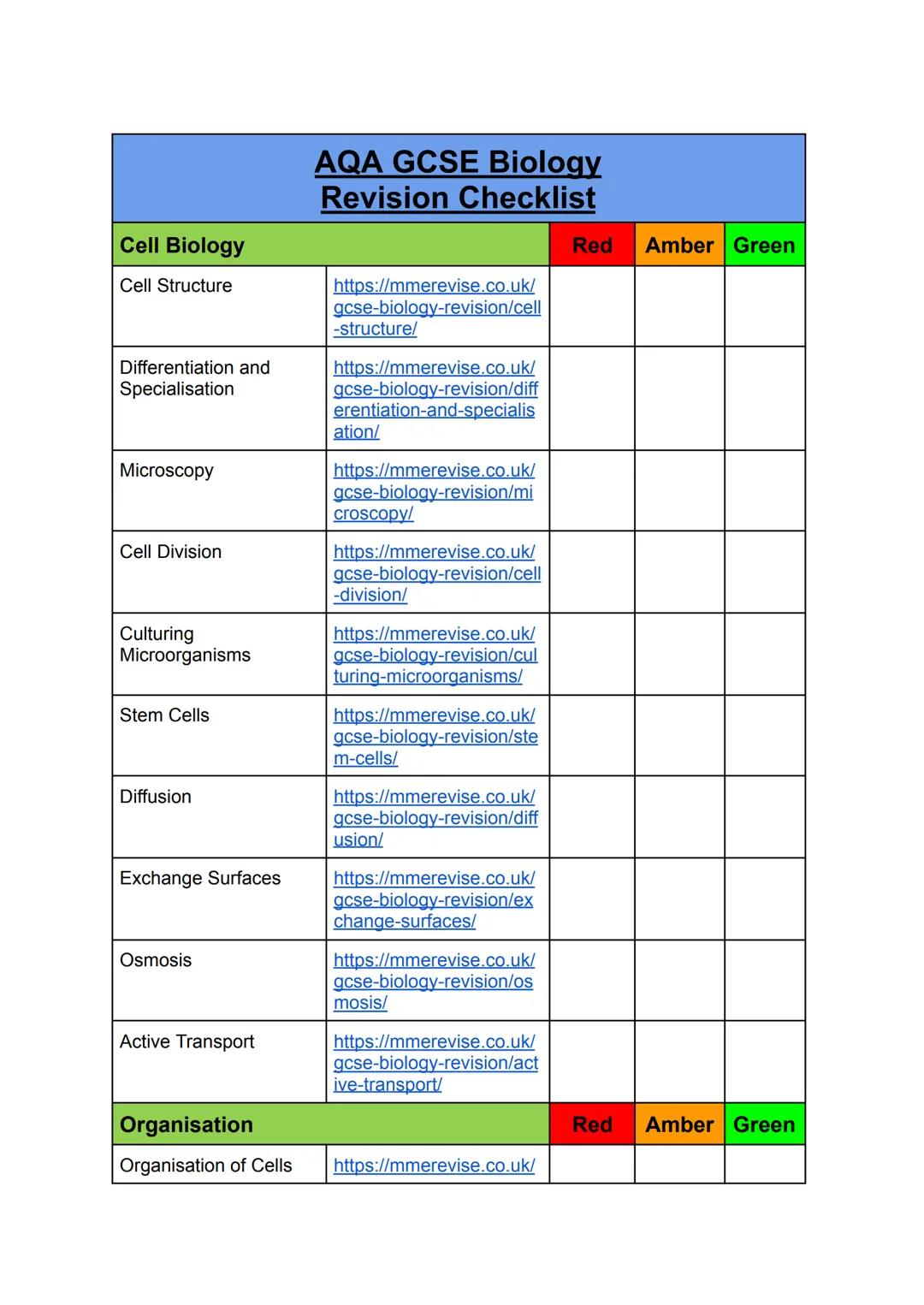 ## AQA GCSE Biology
## Revision Checklist
| Cell Biology | Red | Amber | Green |
|---|---|---|---|
| Cell Structure | https://mmerevise.co.