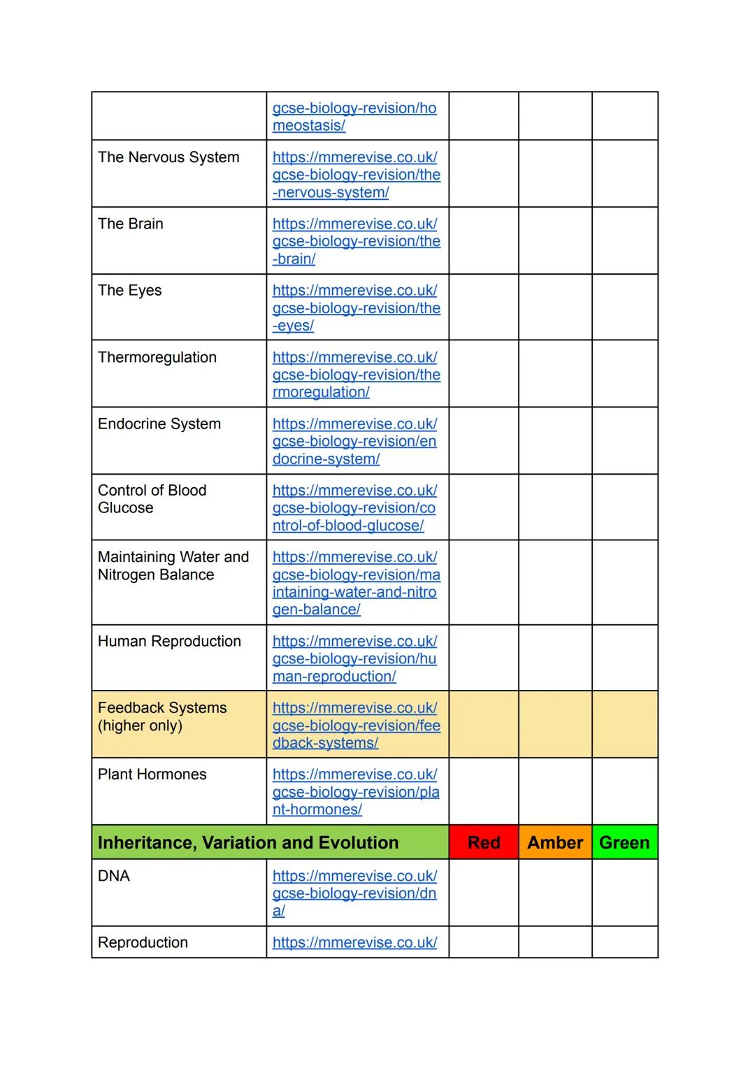 ## AQA GCSE Biology
## Revision Checklist
| Cell Biology | Red | Amber | Green |
|---|---|---|---|
| Cell Structure | https://mmerevise.co.