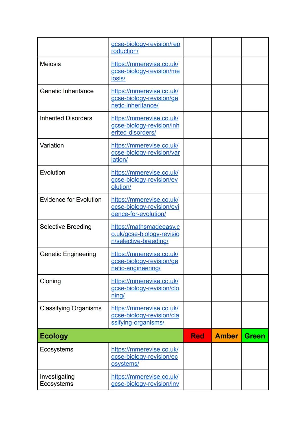 ## AQA GCSE Biology
## Revision Checklist
| Cell Biology | Red | Amber | Green |
|---|---|---|---|
| Cell Structure | https://mmerevise.co.