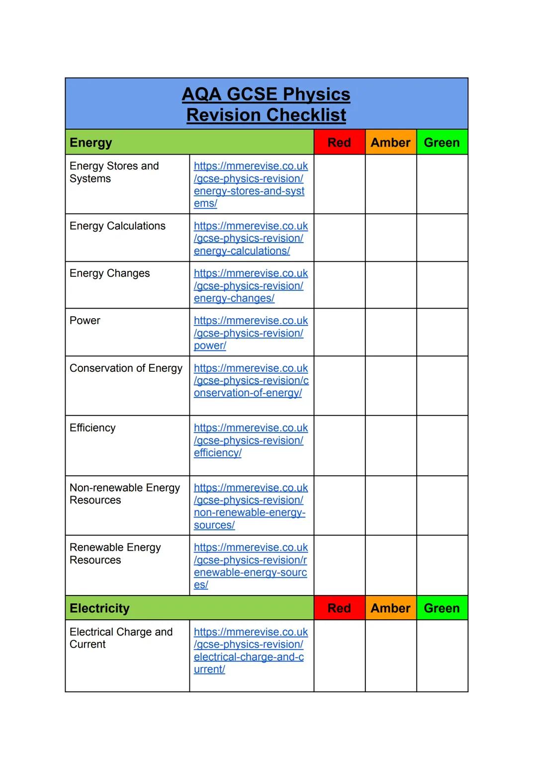 Energy
AQA GCSE Physics
Revision Checklist
Energy Stores and
Systems
https://mmerevise.co.uk
/gcse-physics-revision/
energy-stores-and-syst