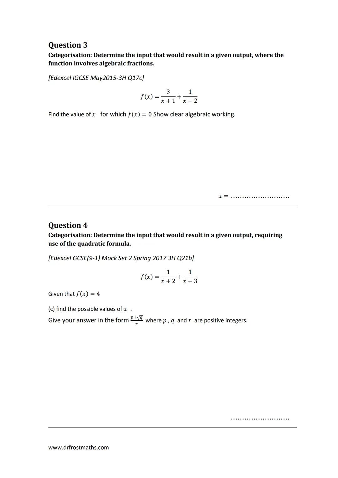 dfm
drfrostmaths.com
"Full Coverage": Functions
This worksheet is designed to cover one question of each type seen in past papers, for each