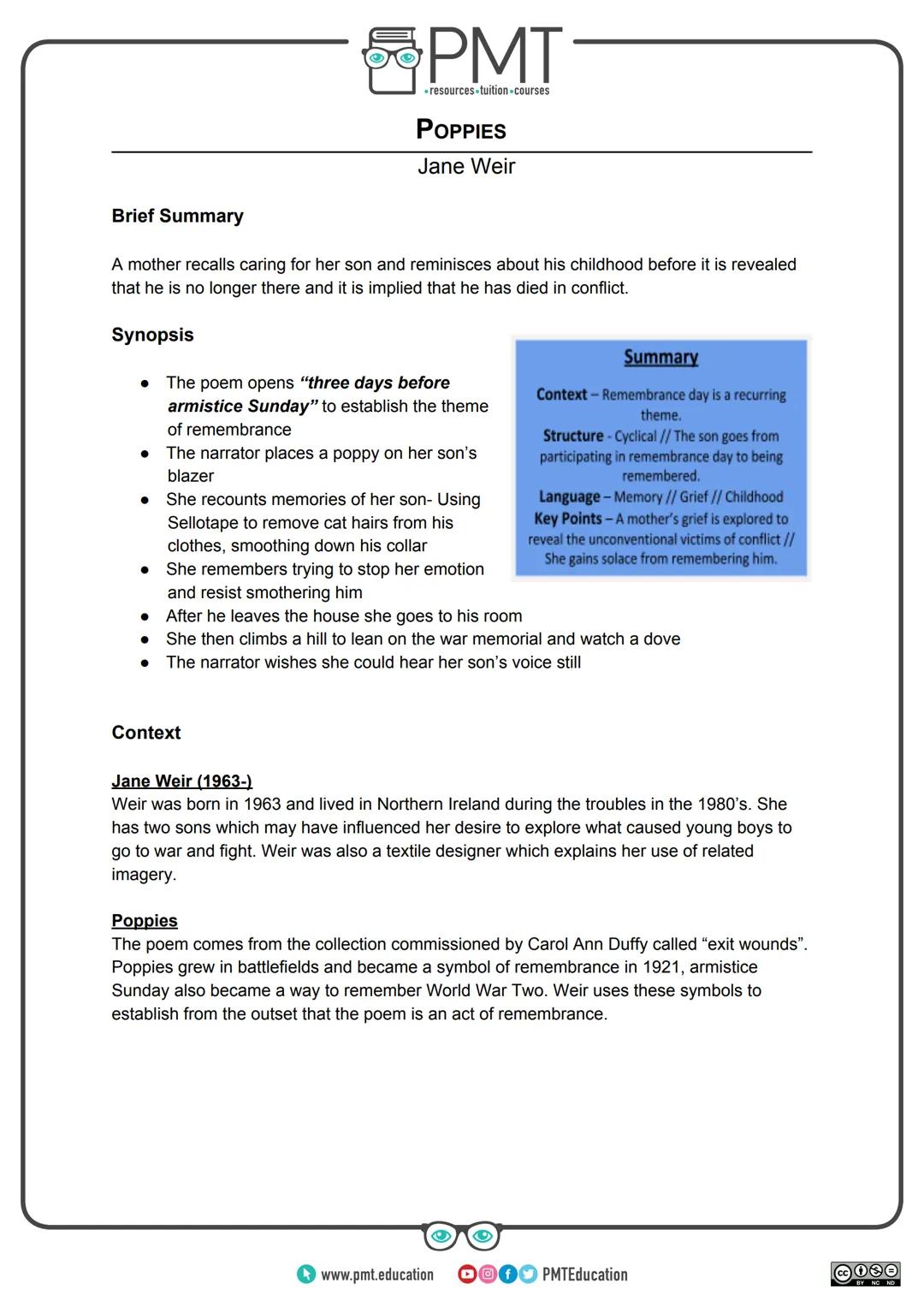 PMT
-resources-tuition-courses
# Edexcel English Literature GCSE
## Poetry: Conflict Collection
Poppies - Jane Weir
This work by PMT Edu