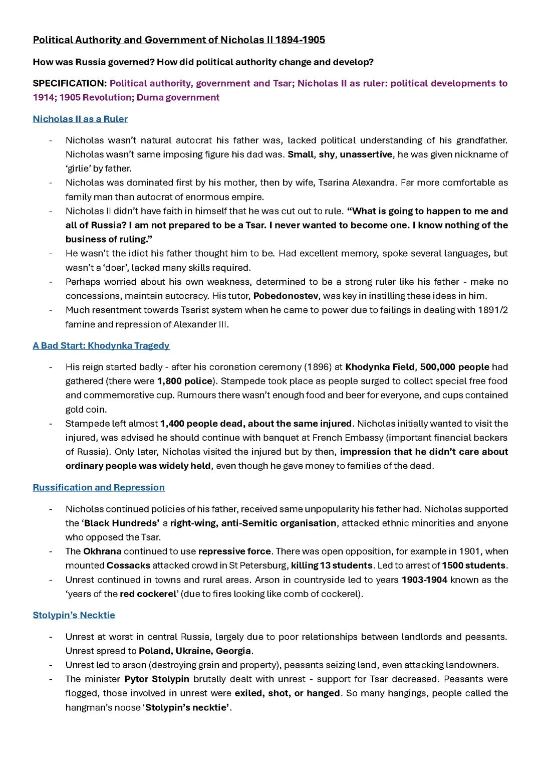 Political Authority and Government of Nicholas II 1894-1917