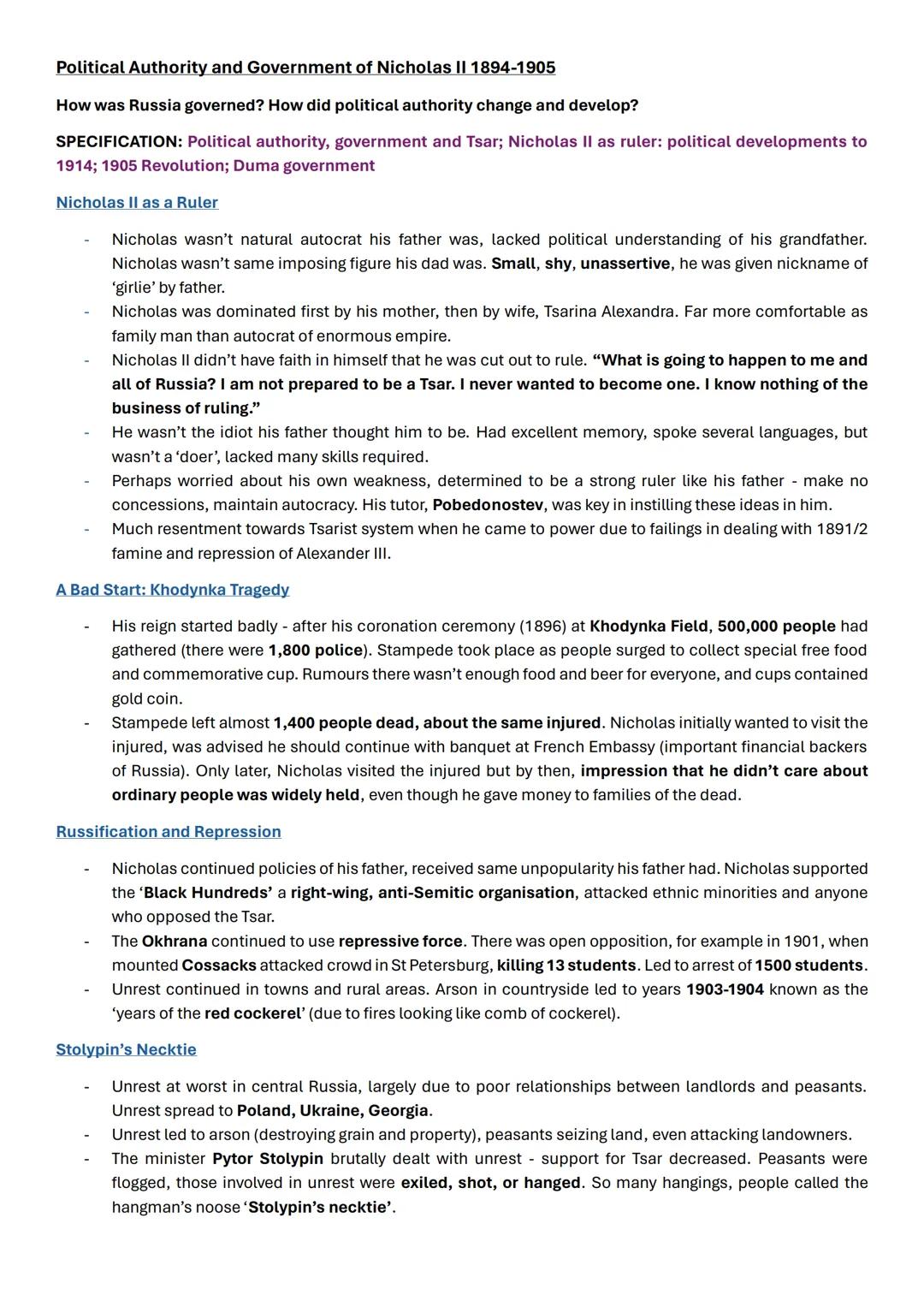 Political Authority and Government of Nicholas II 1894-1905
How was Russia governed? How did political authority change and develop?
SPECIFI