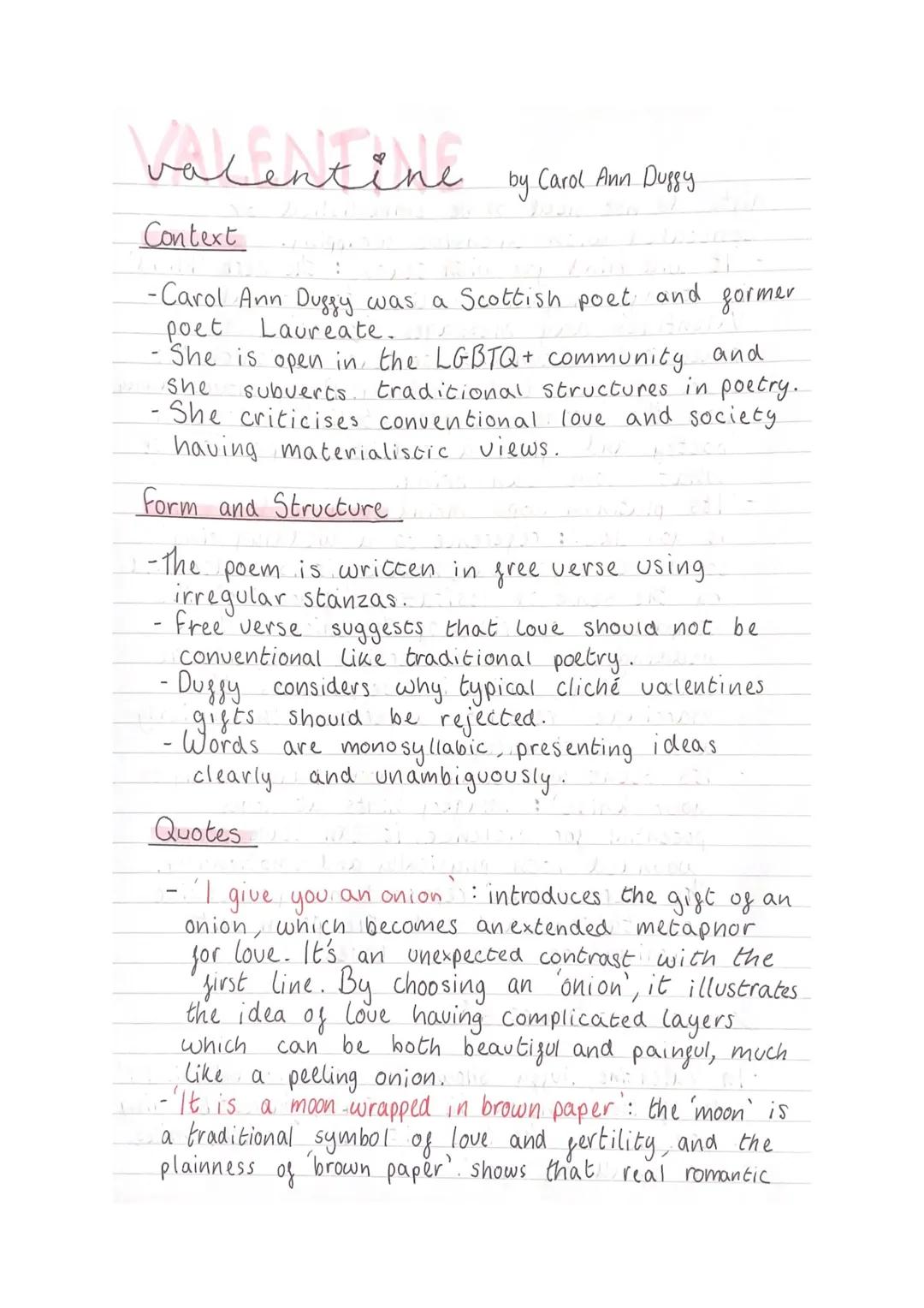 Valentine Carol Ann Duffy Notes