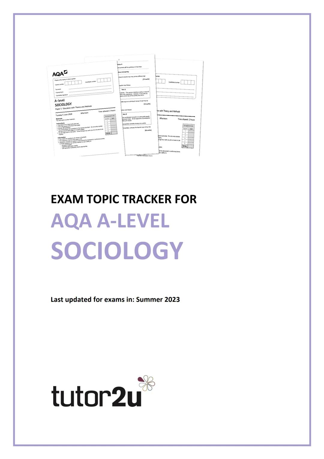 AQAD
A-level
SOCIOLOGY
EXAM TOPIC TRACKER FOR
AQA A-LEVEL
SOCIOLOGY
Last updated for exams in: Summer 2023
tutor2u # EXAM TOPIC TRACKER F