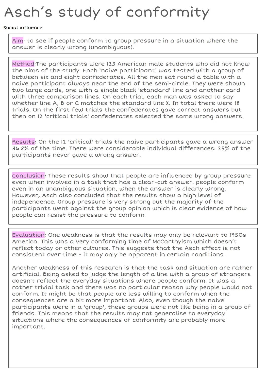 Asch's study of conformity
Social influence
Aim: to see if people conform to group pressure in a situation where the
answer is clearly wrong