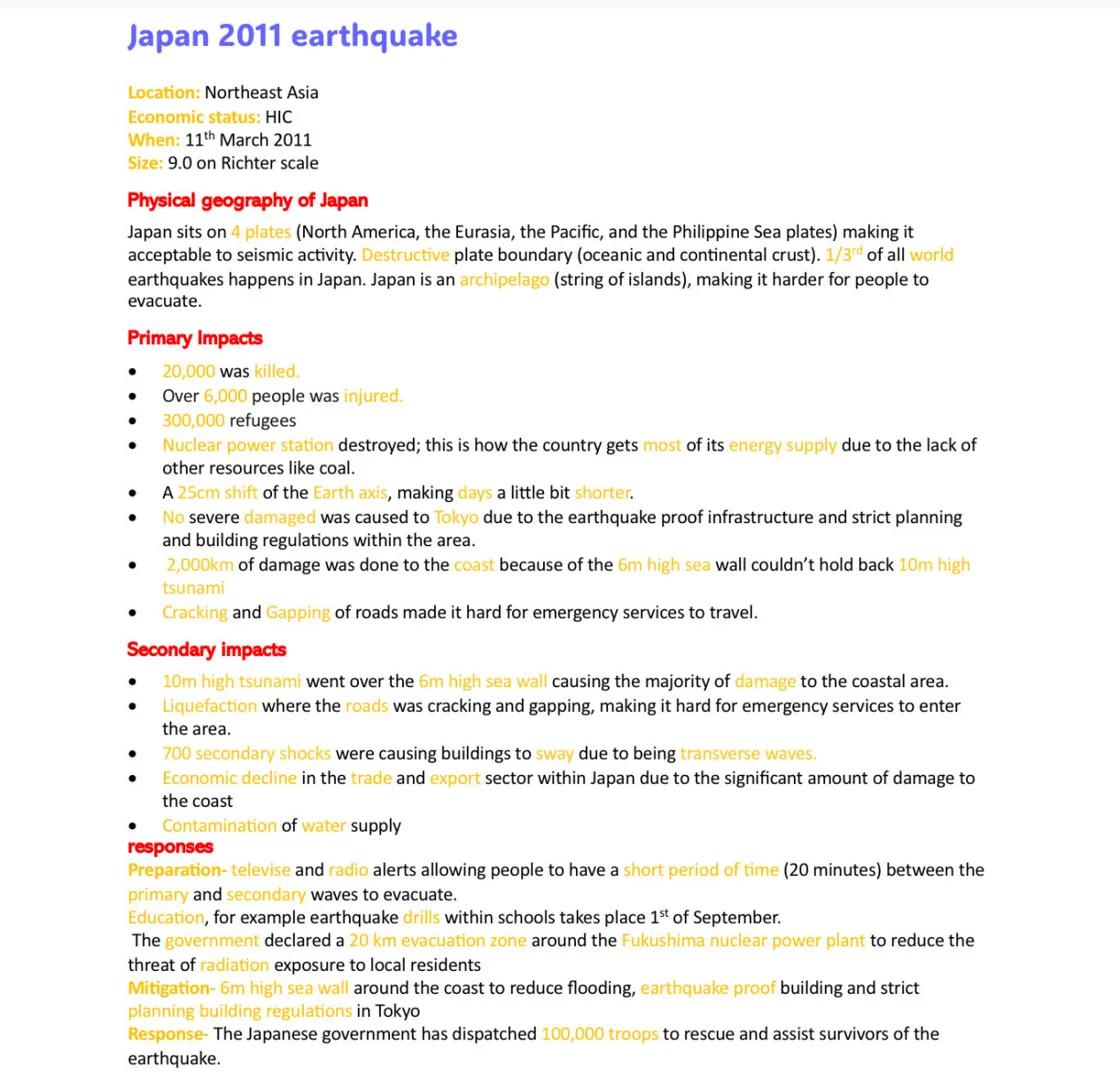 # Japan 2011 earthquake
Location: Northeast Asia
Economic status: HIC
When: 11th March 2011
Size: 9.0 on Richter scale
Physical geography