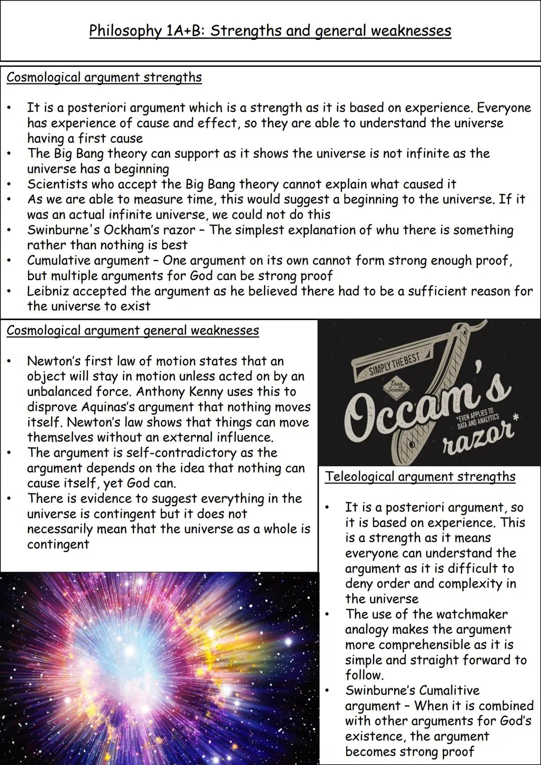 # Philosophy 1A: Cosmological argument
**Specification content:**
* Aquinas' first three ways
* Kalam cosmological argument
**Aquinas**