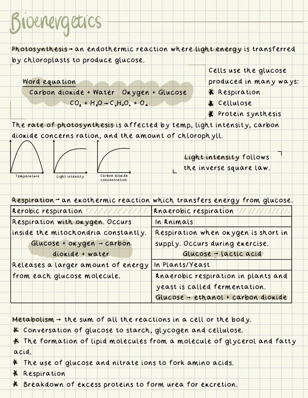 Bioenergetics
Photosynthesis an endothermic reaction where light energy is transferred
by chloroplasts to produce glucose.
Word equation
Cel