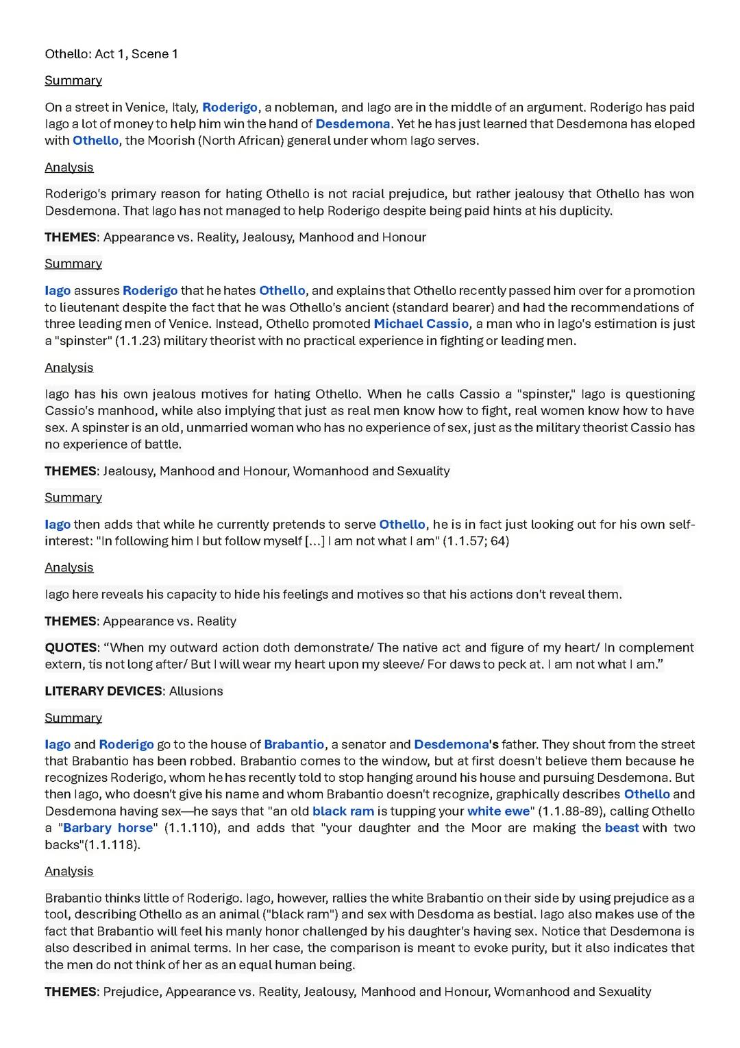 Othello Act 1 Scene 1 Detailed Summary and Analysis