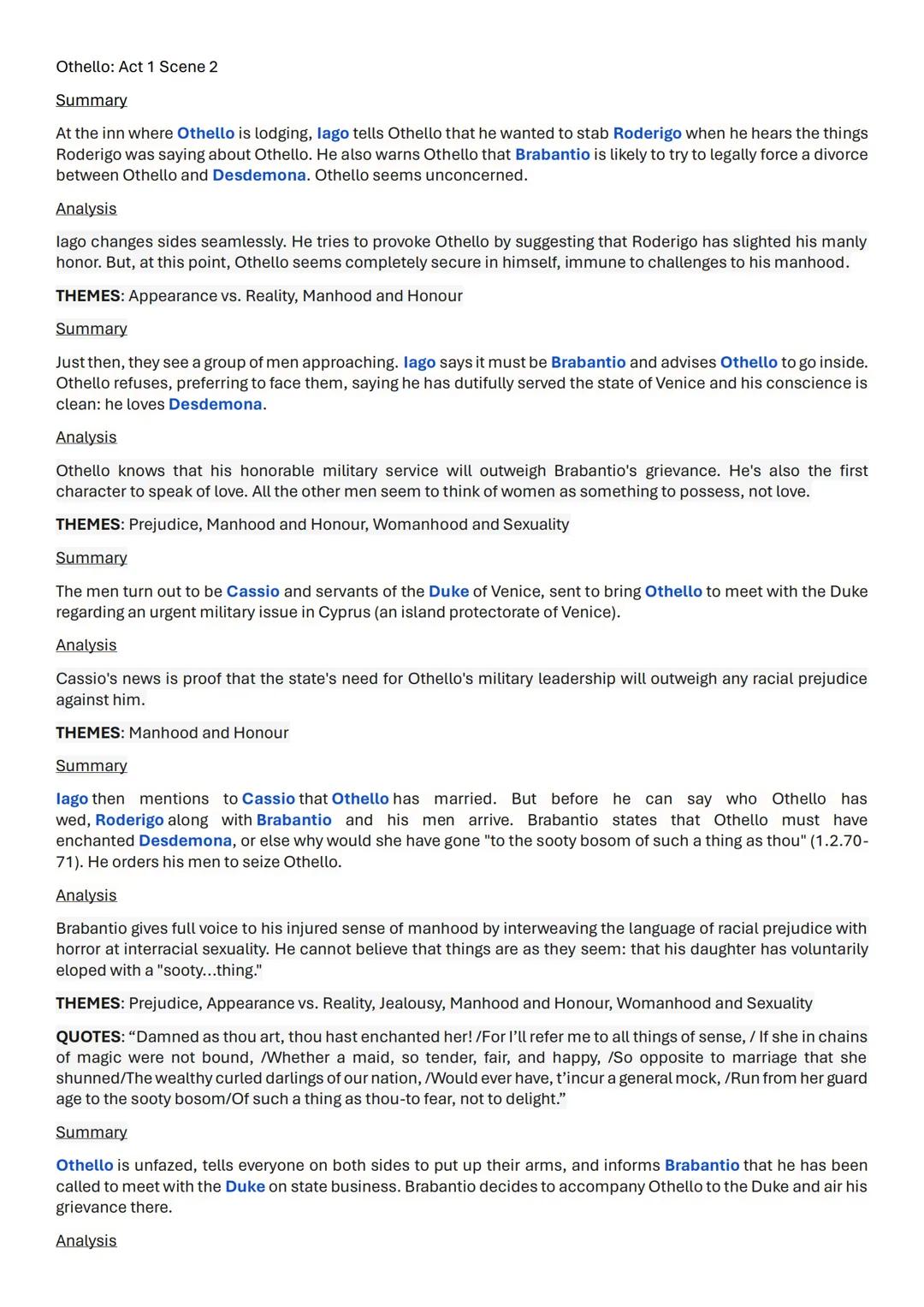 Othello: Act 1 Scene 2
Summary
At the inn where Othello is lodging, lago tells Othello that he wanted to stab Roderigo when he hears the thi