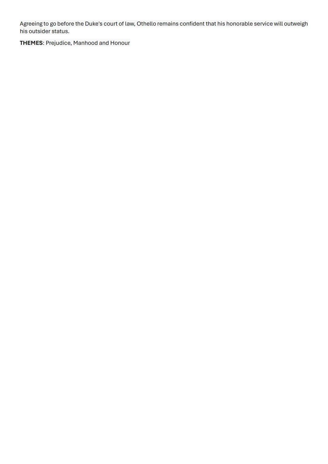 Othello: Act 1 Scene 2
Summary
At the inn where Othello is lodging, lago tells Othello that he wanted to stab Roderigo when he hears the thi