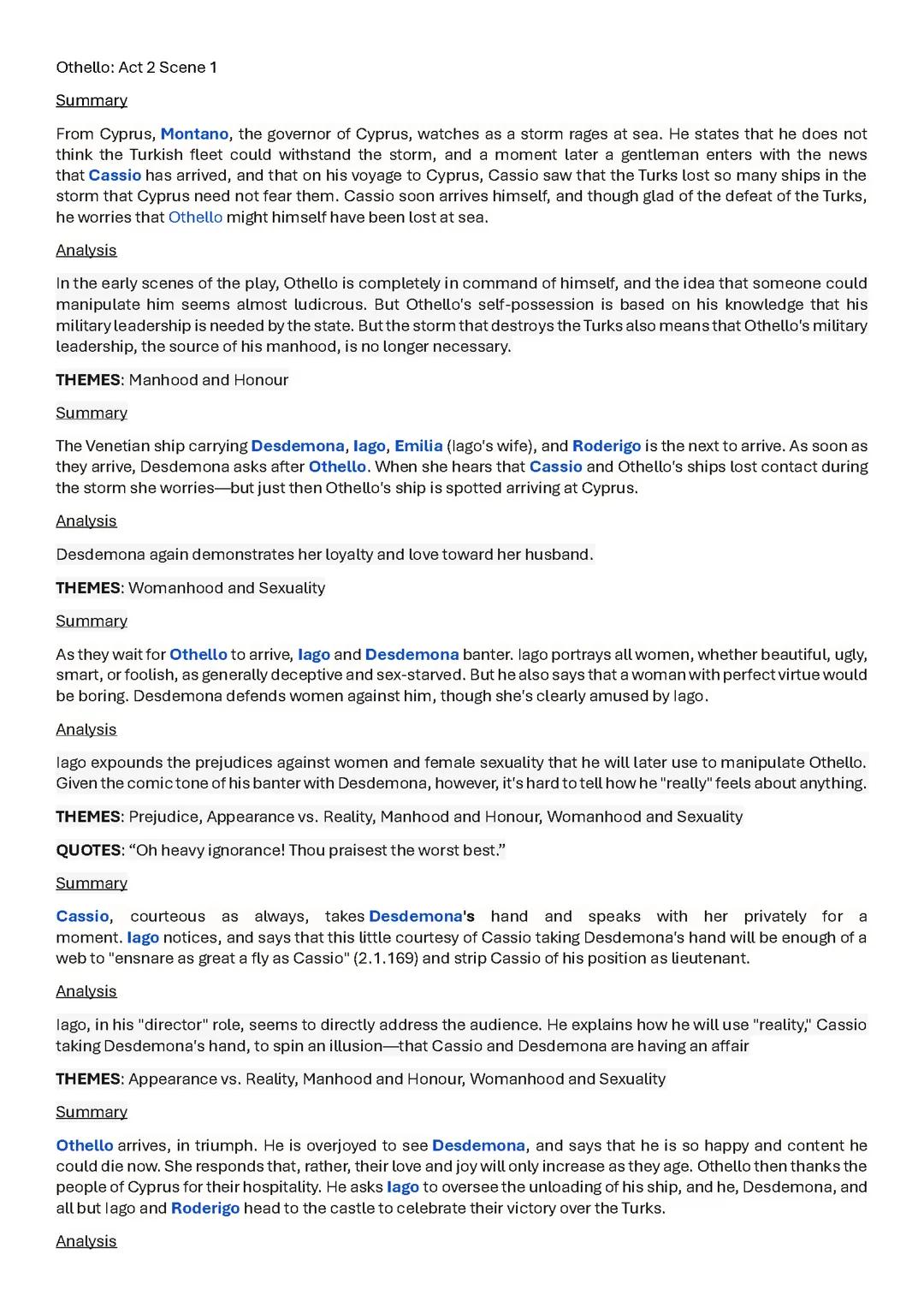 Othello Act 2 Scene 1 Detailed Summary and Analysis